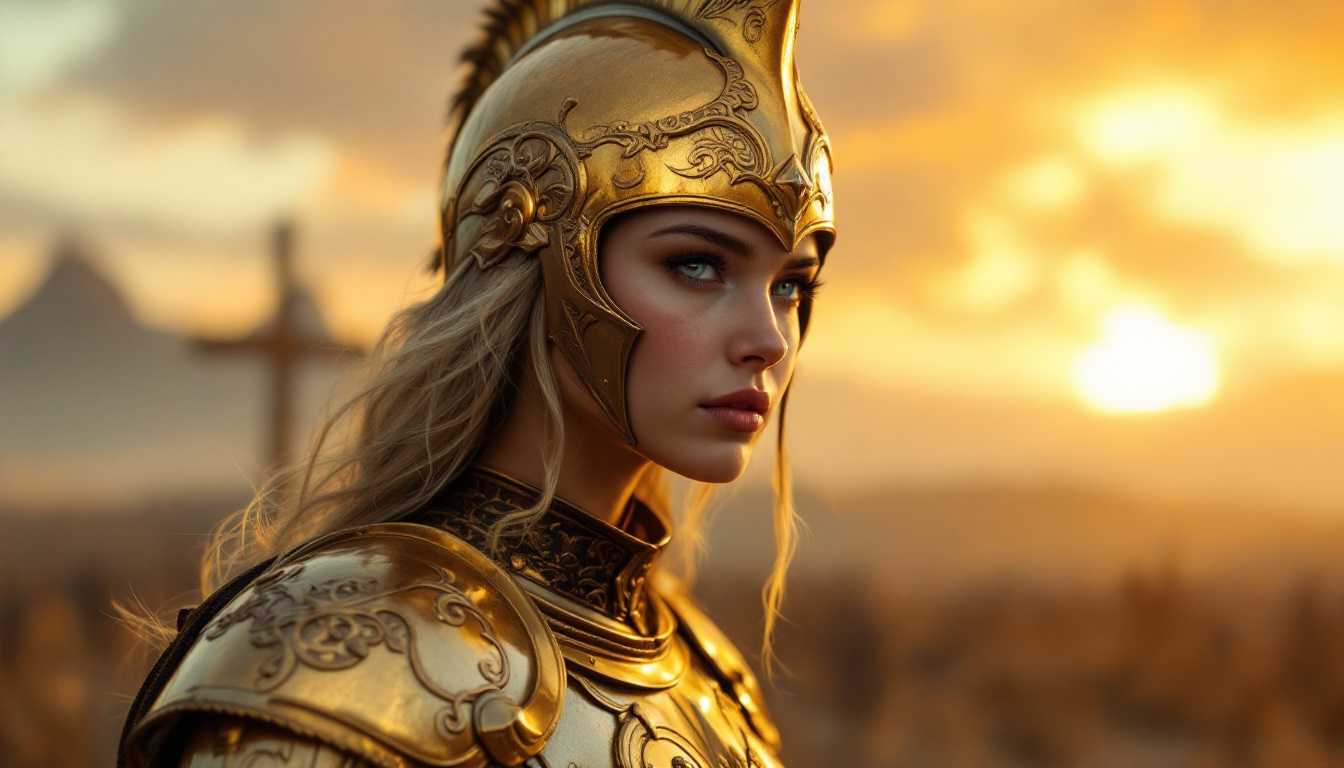 A hyper-realistic portrait of a young woman with medium blonde hair, her locks cascading gently beneath a majestic helmet. She stands as a solitary knight, adorned in intricately crafted, lightweight golden armor that gleams with an ethereal sheen. The incredibly detailed armor reflects the soft, ambient glow of a dim twilight as shadows lengthen across a barren battlefield. Her eyes hold a fierce determination, defending a realm besieged by dark, malevolent forces. The setting sun casts a dramatic interplay of warm, golden light and elongated shadows, highlighting the solemn beauty of the scene. The world behind her is enveloped in an ominous mist, suggesting the ever-looming presence of evil. Positioned with strength and poise, her form is captured in a dynamic angle that emphasizes her readiness and strength, while soft lighting accentuates the intricate details of her armor and the emotional depth of the atmosphere.