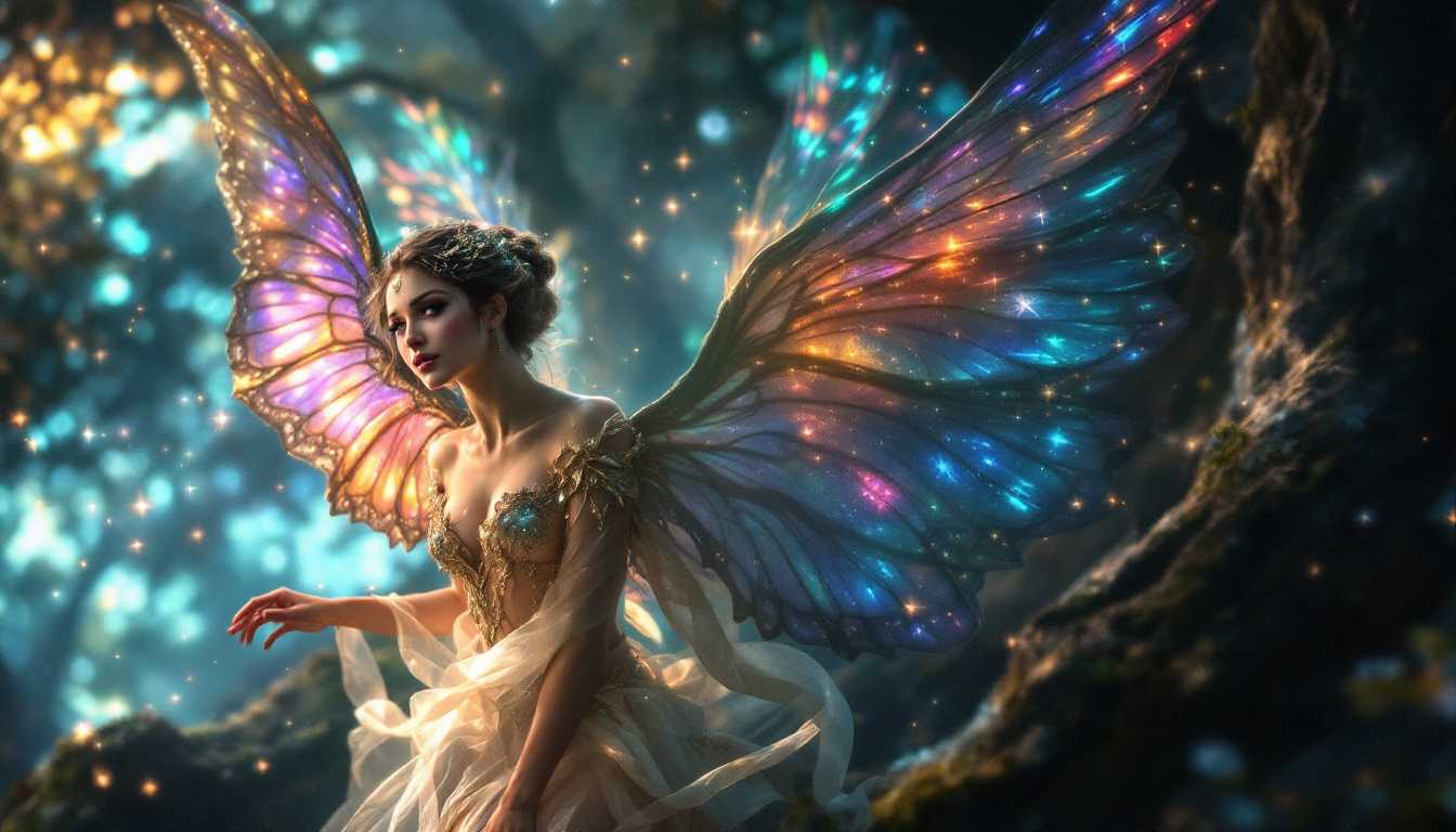 Fantasy Art Angelic Fairy with Colorful Wings in a Forest Setting