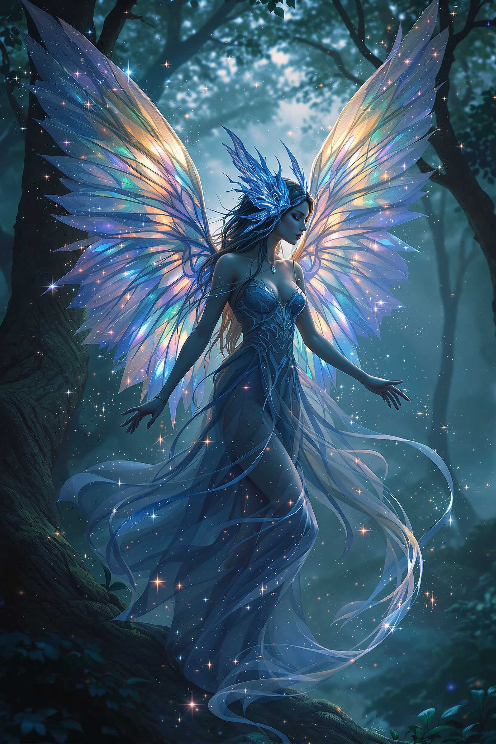 In the shadows of the enchanted forest resides a mysterious being known as Lumara. With iridescent wings that shimmer like the twilight sky, Lumara moves with an ethereal grace, leaving trails of ephemeral stardust in her wake. Her eyes, deep pools of ancient wisdom, hold secrets of forgotten realms, and her gentle touch radiates a healing energy that resonates with the pulse of nature itself. Lumara is attuned to the whispers of the wind and the murmurs of the trees, embodying the essence of the mystical. Her presence evokes a sense of wonder, as if she is a bridge between the known and the mystical unknown, a guardian of the secrets woven into the fabric of the universe. Legends speak of Lumara appearing in moments of cosmic significance, her purpose intertwined with the delicate balance of the unseen forces that govern the magical tapestry of existence.
