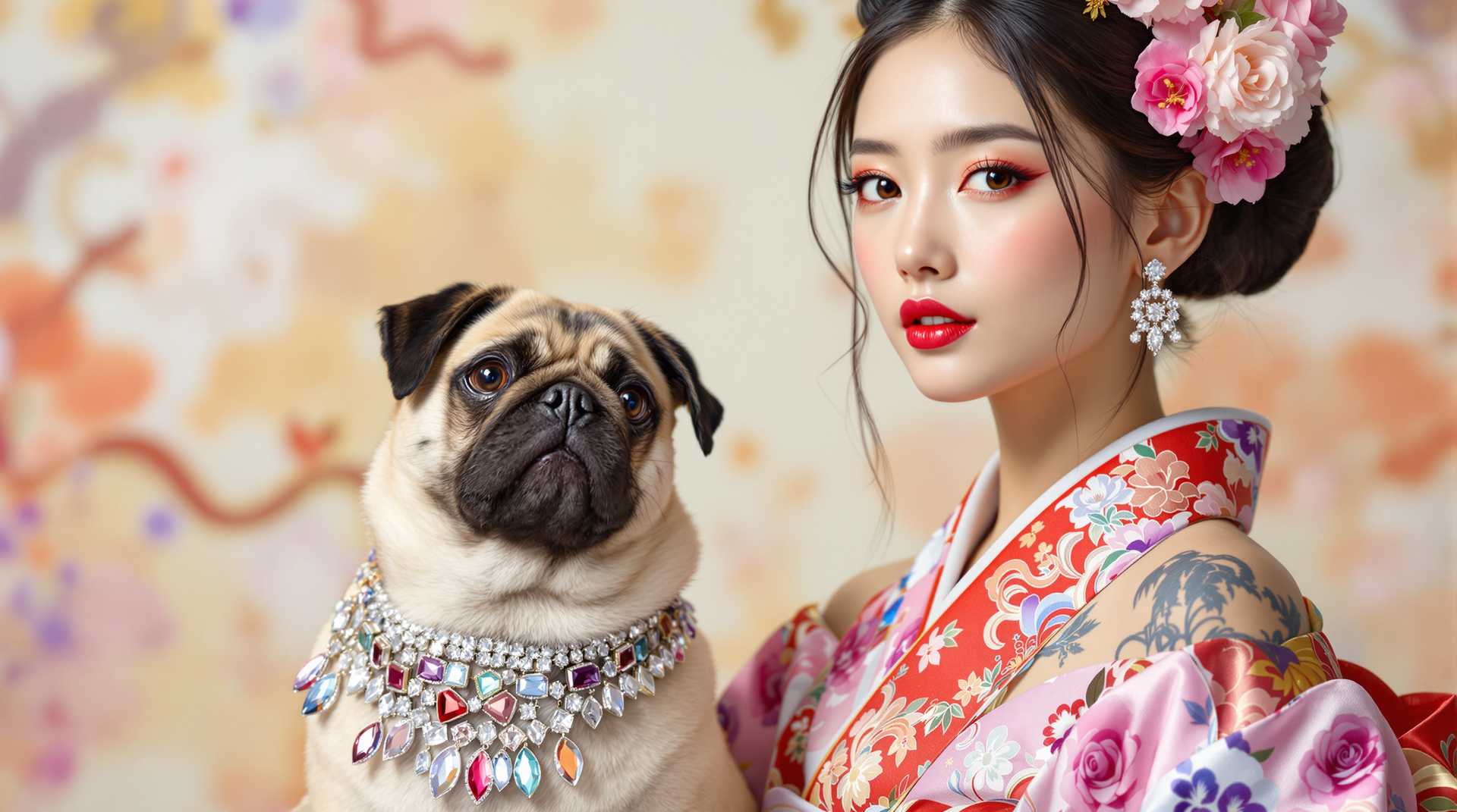 the young fashion model japan woman wearing full set princess royal kimono, with flower shoulder tattoo standing next to a pug dog wearing diamond necklace and , hyper realistic, photograph by vogue fashion magazine.
