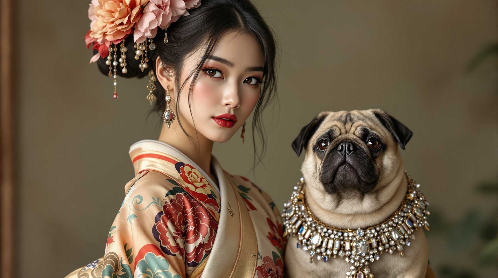 the young fashion model japan woman wearing full set princess royal kimono, with flower shoulder tattoo standing next to a pug dog wearing diamond necklace and , hyper realistic, photograph by vogue fashion magazine.
