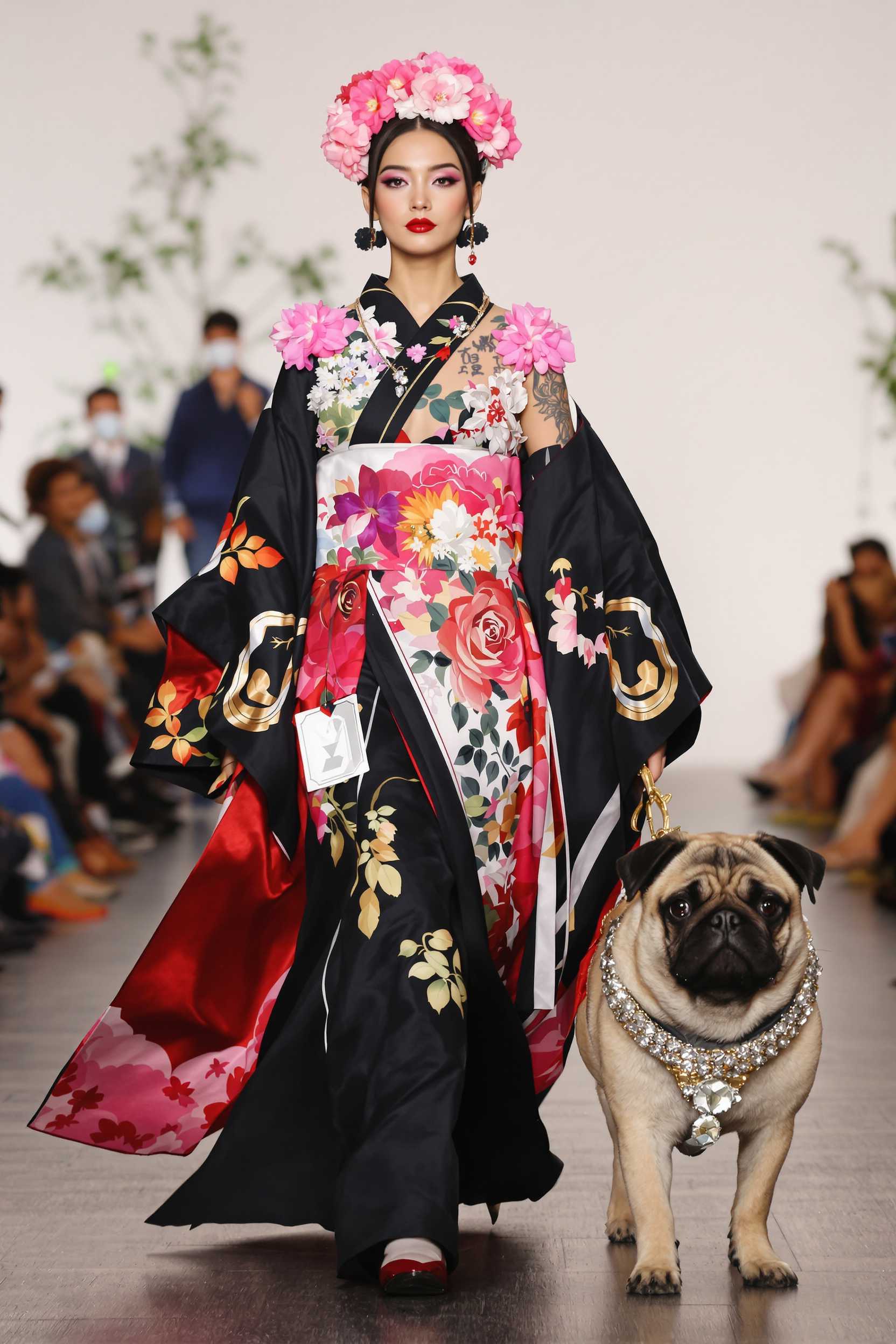 the young fashion model japan woman wearing full set princess royal kimono, with flower shoulder tattoo walking on a fashion runway next to a pug dog wearing diamond necklace and , hyper realistic, photograph by vogue fashion magazine.
