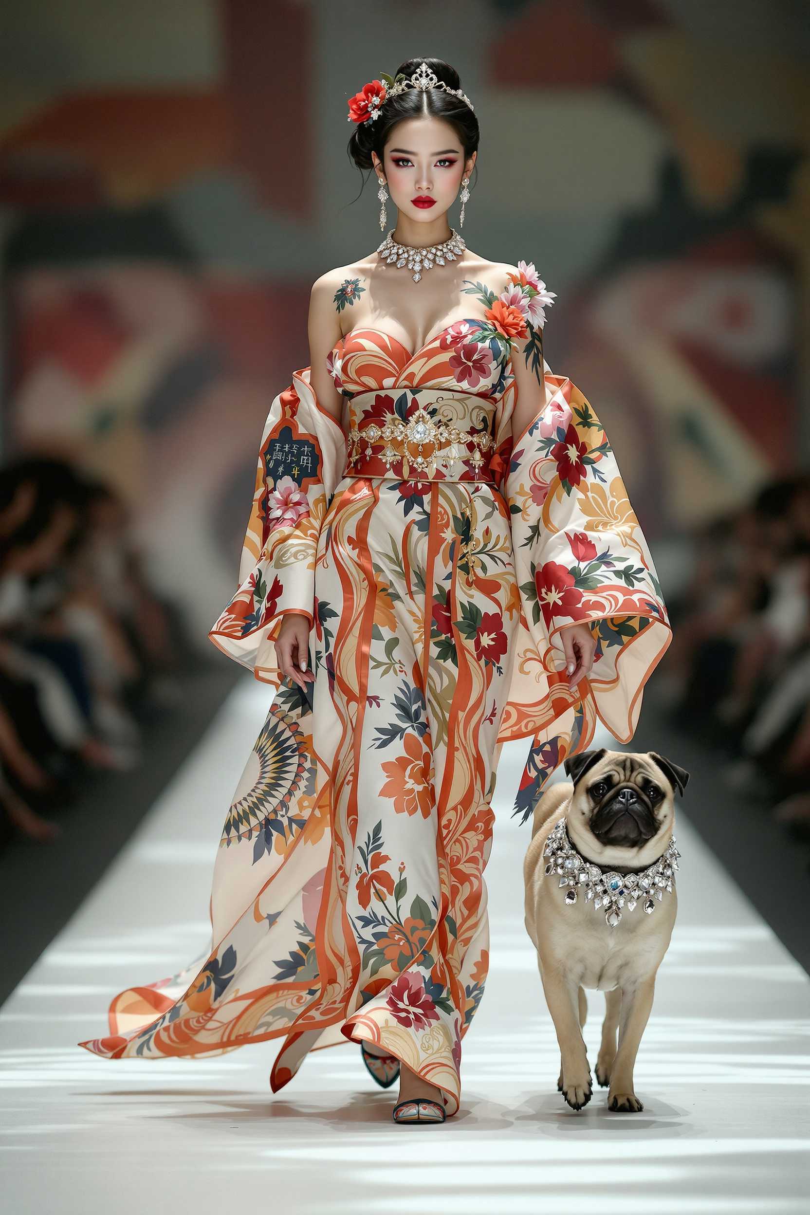 the young fashion model japan woman wearing full set princess royal kimono, with flower shoulder tattoo with a large bust walking on a fashion runway next to a pug dog wearing diamond necklace and , hyper realistic, photograph by vogue fashion magazine.
