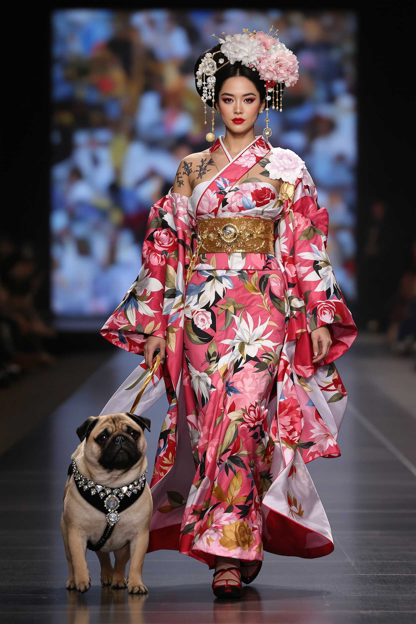 the young fashion model japan woman wearing full set princess royal kimono, with flower shoulder tattoo, with a large bust,walking on a fashion runway next to a pug dog wearing diamond necklace and , hyper realistic, photograph by vogue fashion magazine.
