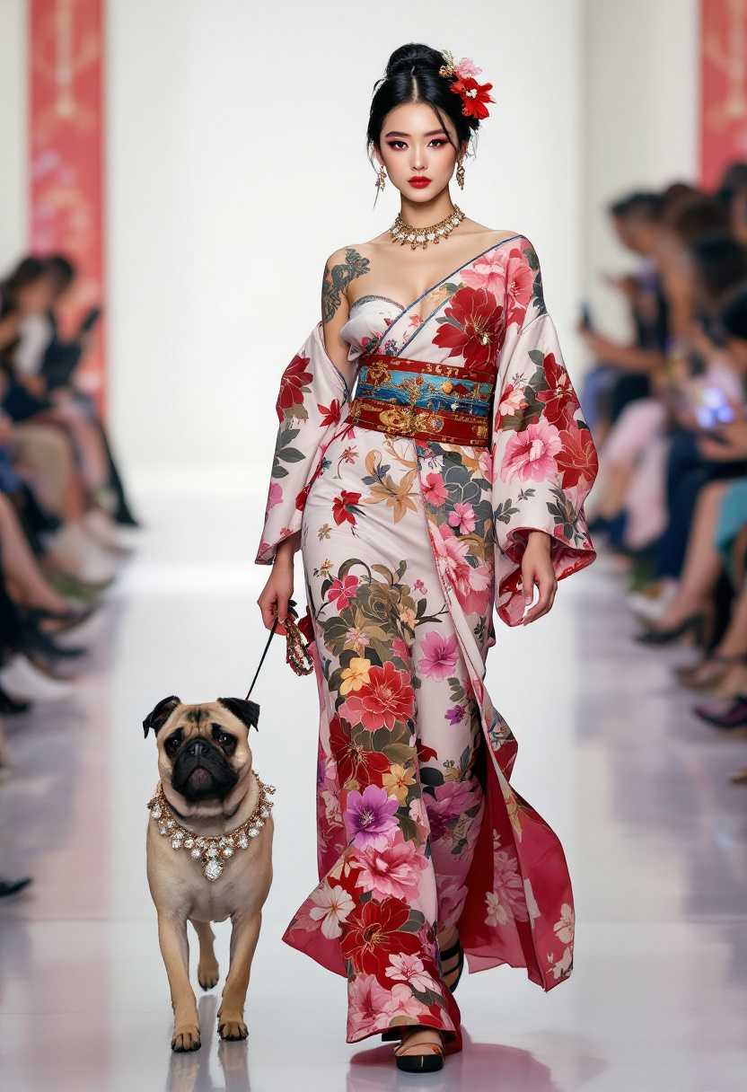 the young fashion model japan woman wearing full set princess royal kimono, with flower shoulder tattoo, with a large bust,walking on a fashion runway next to a pug dog wearing diamond necklace and , hyper realistic, photograph by vogue fashion magazine.
