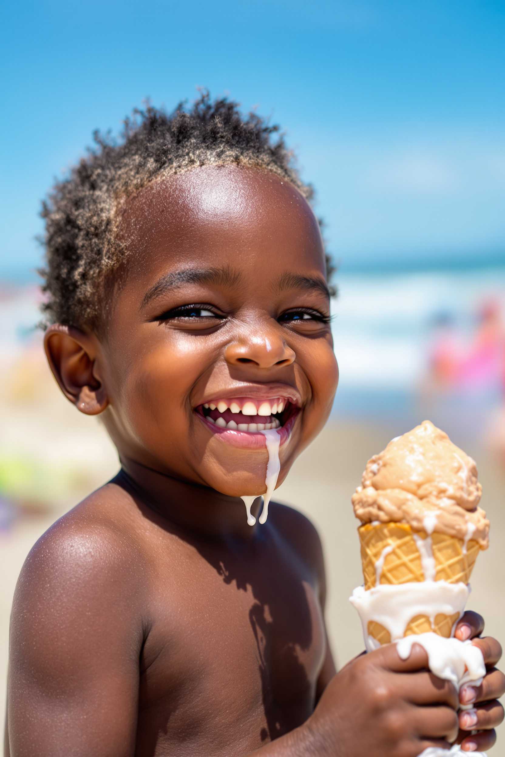 A joyful African American toddler boy with a big smile on his face, holding a dripping ice cream cone on a sunny day at the beach.
