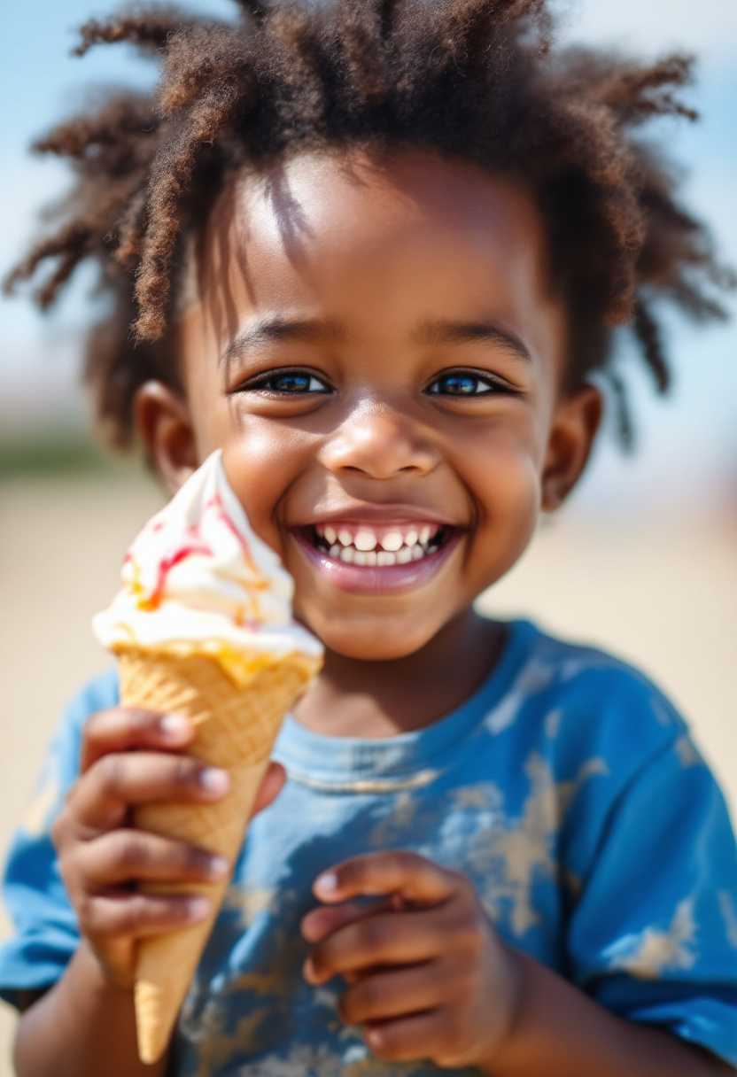A joyful African American toddler boy with a big smile on his face, holding a dripping ice cream cone on a sunny day at the beach.
