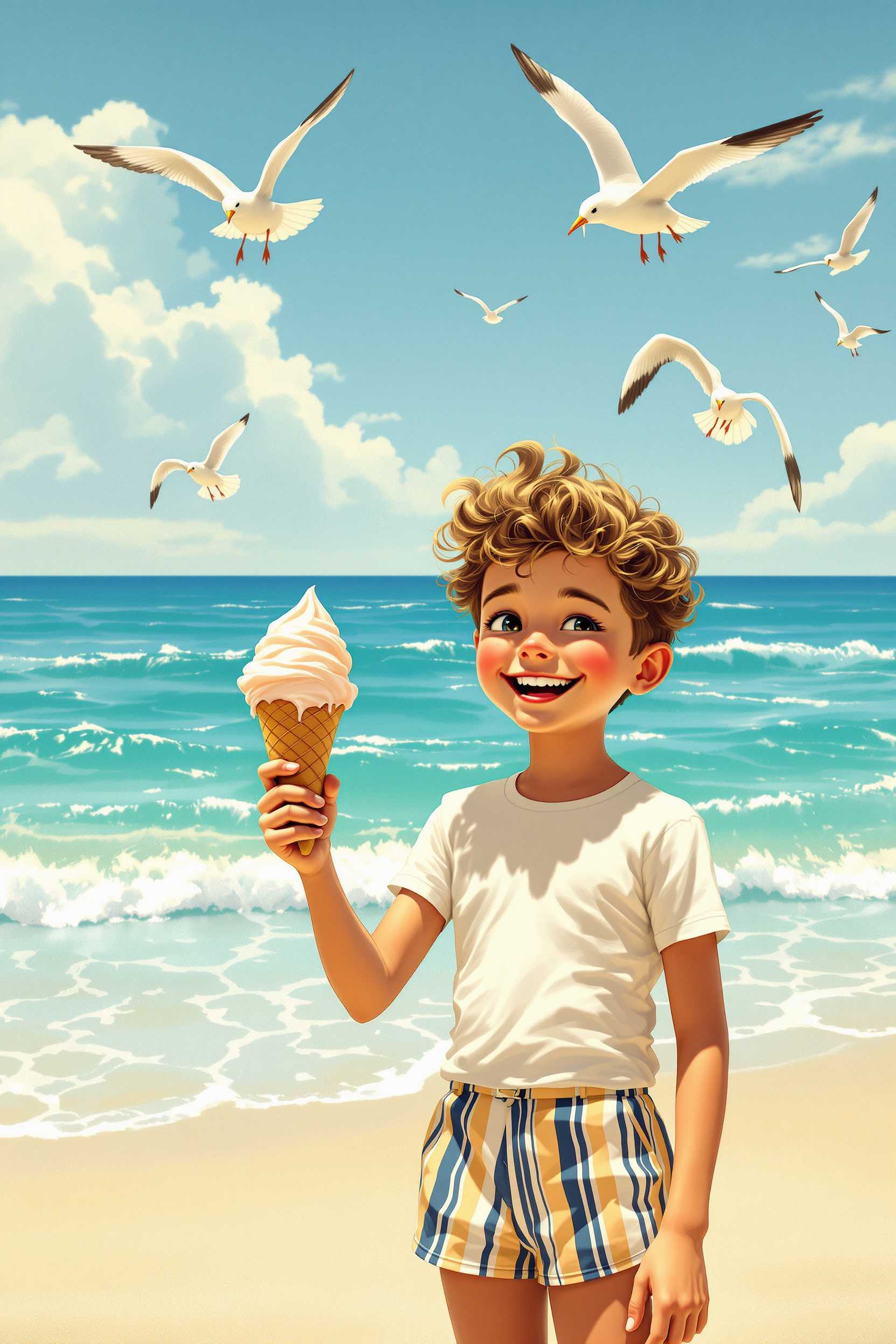 Vintage-style illustration of a joyful 1950s scene featuring a 10-year-old boy with a beaming smile, holding a dripping ice cream cone. The boy wears classic mid-century beach attire—striped trunks and a white T-shirt. Sunlight gleams off the golden sand, casting soft shadows that highlight the textures of his curly hair and the melting ice cream. The turquoise ocean glistens in the background, with gentle waves caressing the shore. Seagulls soar playfully overhead under a bright, cloudless sky. The image captures the nostalgic essence of a carefree day at the beach with a warm, cheerful atmosphere, evoking the charm of summer vacations from a bygone era. Rendered in a vibrant, yet rich color palette!