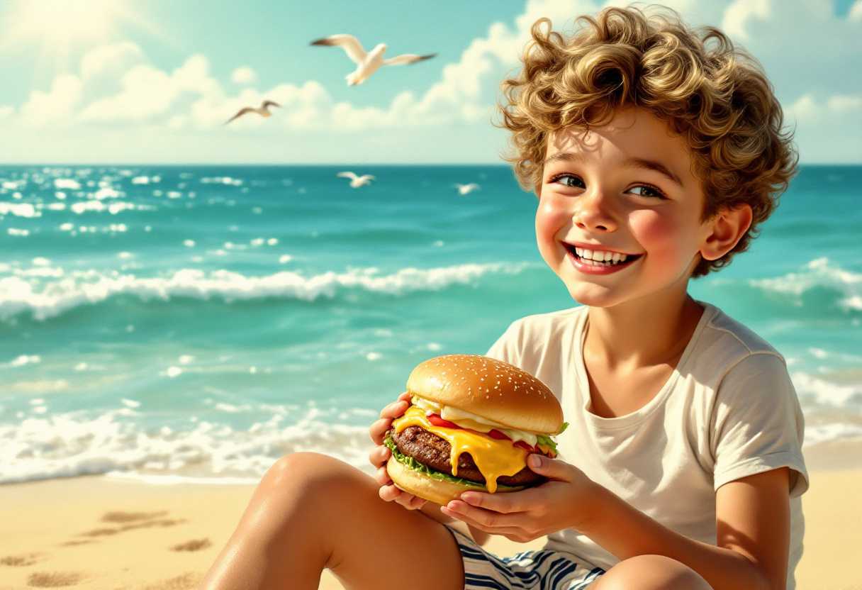 Vintage-style illustration of a joyful 1950s scene featuring a 10-year-old boy with a beaming smile, holding a drippping juicy cheeseburger. The boy wears classic mid-century beach attire—striped trunks and a white T-shirt. Sunlight gleams off the golden sand, casting soft shadows that highlight the textures of his curly hair and the melting ice cream. The turquoise ocean glistens in the background, with gentle waves caressing the shore. Seagulls soar playfully overhead under a bright, cloudless sky. The image captures the nostalgic essence of a carefree day at the beach with a warm, cheerful atmosphere, evoking the charm of summer vacations from a bygone era. Rendered in a vibrant, yet rich color palette!