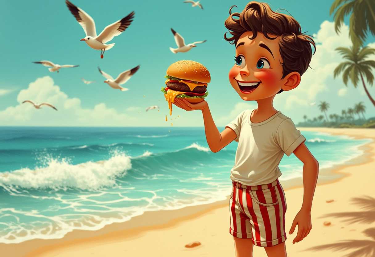 Vintage-style illustration of a joyful 1950s scene featuring a 10-year-old boy with a beaming smile, holding a drippping juicy cheeseburger. The boy wears classic mid-century beach attire—striped trunks and a white T-shirt. Sunlight gleams off the golden sand, casting soft shadows that highlight the textures of his curly hair.The turquoise ocean glistens in the background, with gentle waves caressing the shore. Seagulls soar playfully overhead under a bright, cloudless sky. The image captures the nostalgic essence of a carefree day at the beach with a warm, cheerful atmosphere, evoking the charm of summer vacations from a bygone era. Rendered in a vibrant, yet rich color palette!