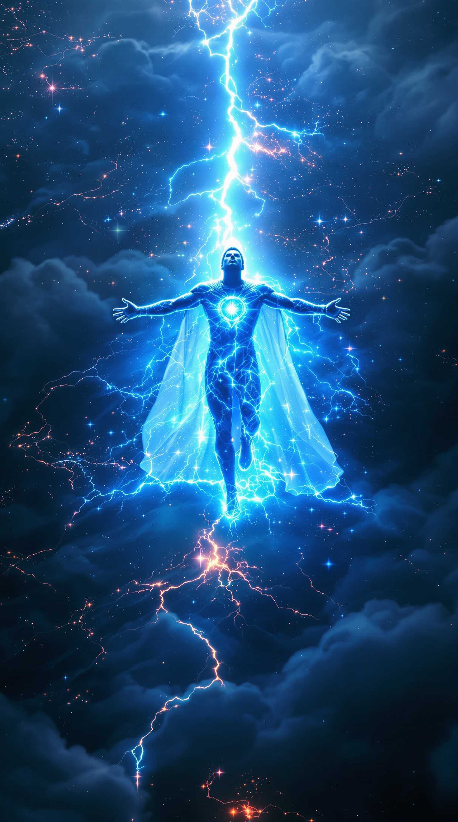 Electrifying Superhero Artwork Blue Lightning and Cosmic Clouds