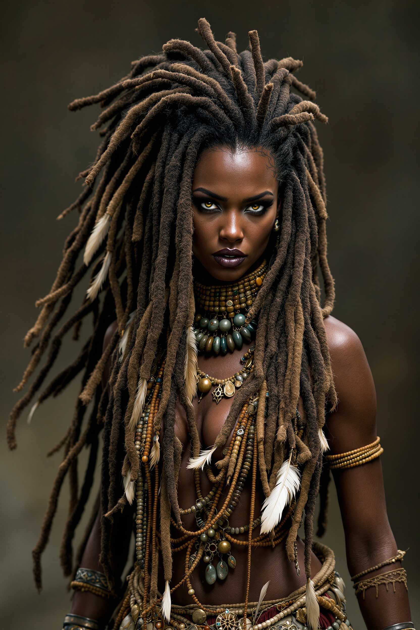 A fierce warrior queen with long, thick dreadlocks cascading down her back, adorned with intricate beads and feathers, ready to conquer any challenge.
