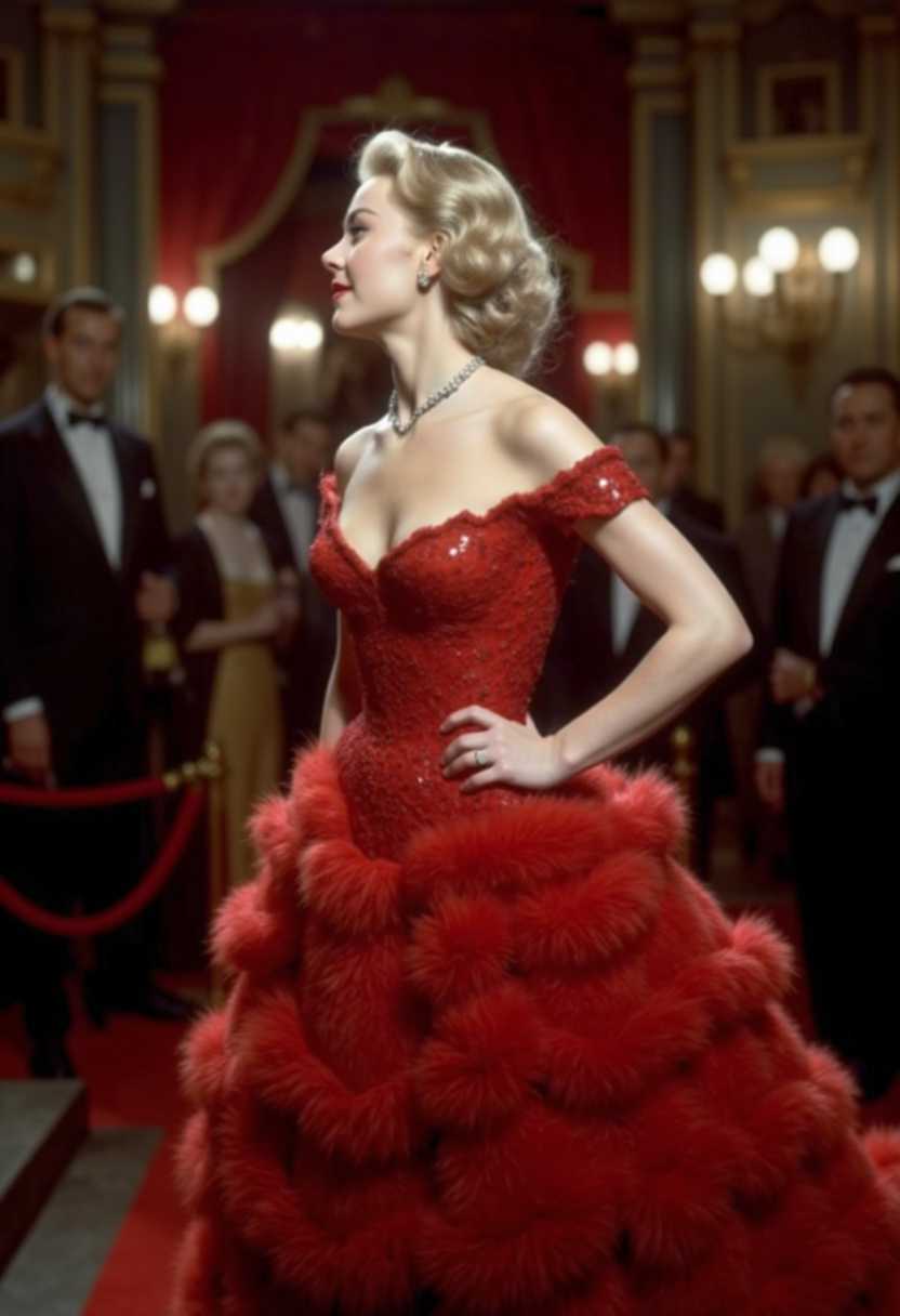 London 1950, actress wearing a red dress attends movie gala, dramatic lighting