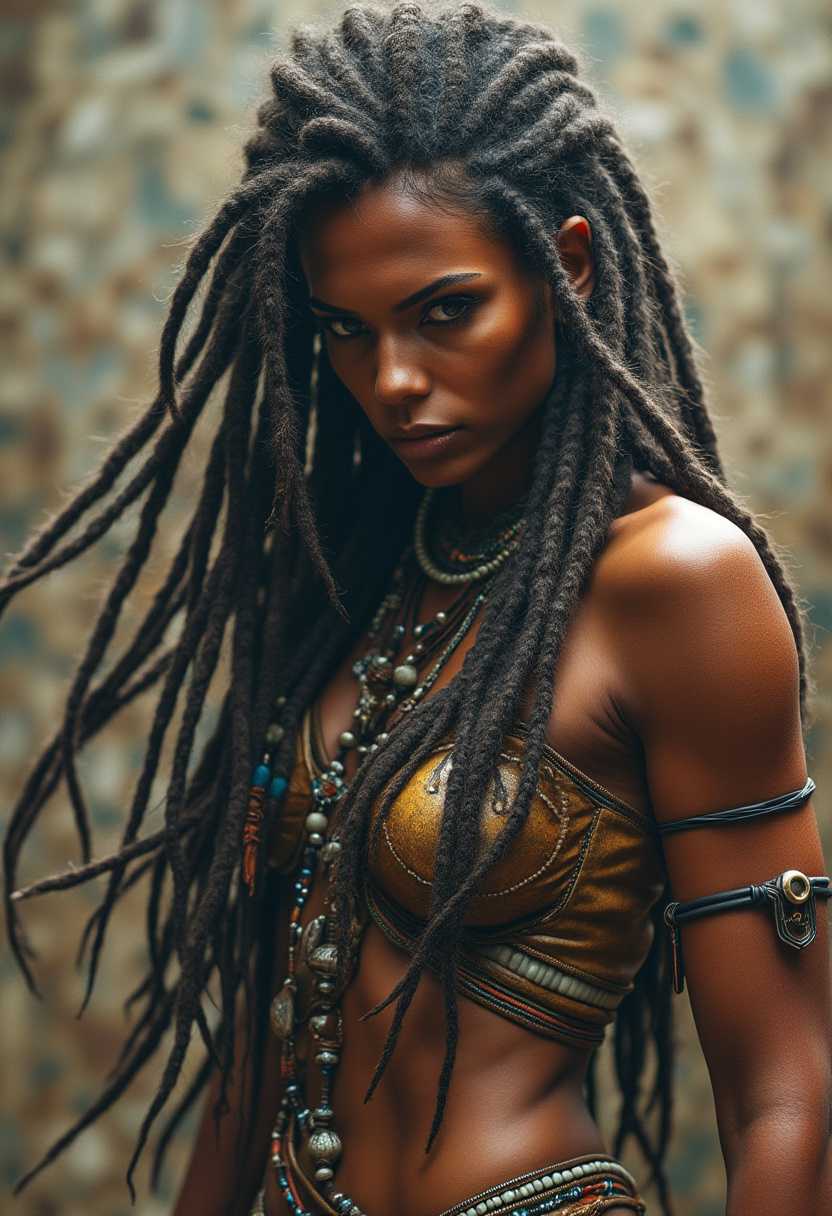 A fierce warrior queen with long, thick dreadlocks cascading down her back, adorned with intricate beads and feathers, ready to conquer any challenge.
