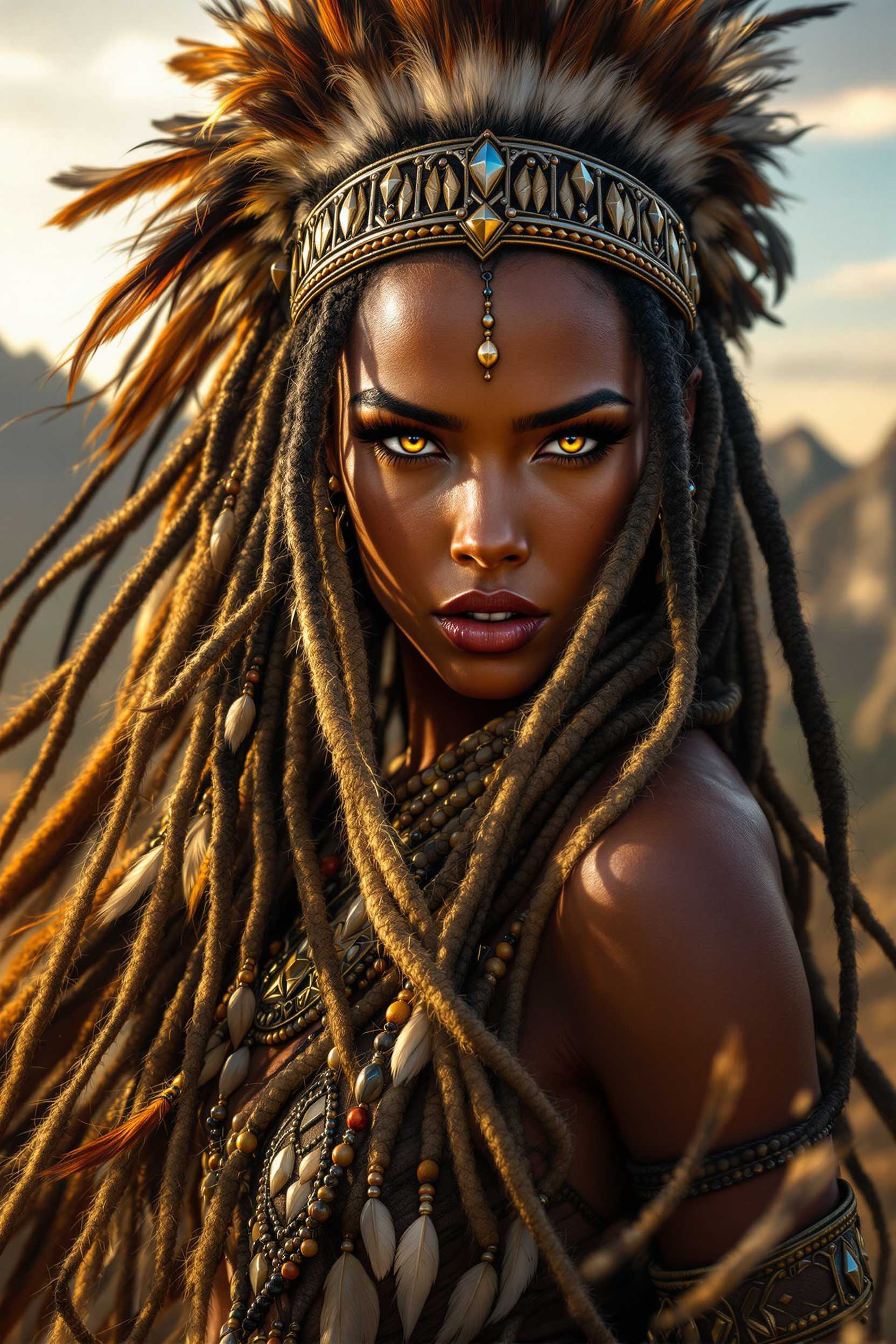 Fantasy Warrior Epic Dreadlock Hairstyle with Tribal Headband and Jewelry