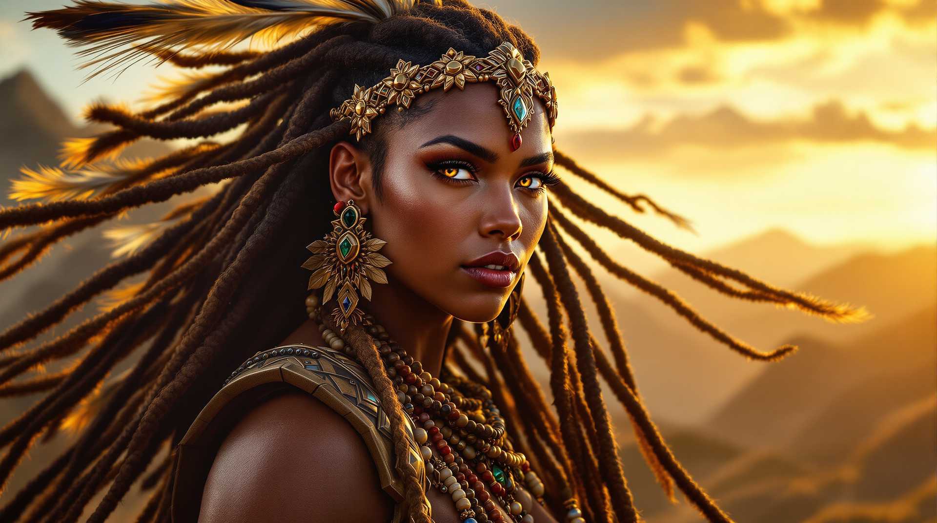 A captivating portrait of a fierce warrior queen, her long dreadlocks cascading down her back, adorned with intricate beads and feathers swaying with the wind. The setting sun casts a golden glow, highlighting the textures of her hair and the vivid colors of the adornments. Her piercing eyes reflect determination and prowess, framed against a backdrop of a rugged mountain landscape. The mood is one of power and readiness, evoking the spirit of a conqueror ready to face any challenge. The composition captures her in a three-quarter view, emphasizing her commanding presence, with a slight upward camera angle to enhance her dominant demeanor. This image should be rendered in a hyper-realistic style, with attention to fine details like the gleam of small metal accents in her crown, and the soft movement of her attire in the breeze.