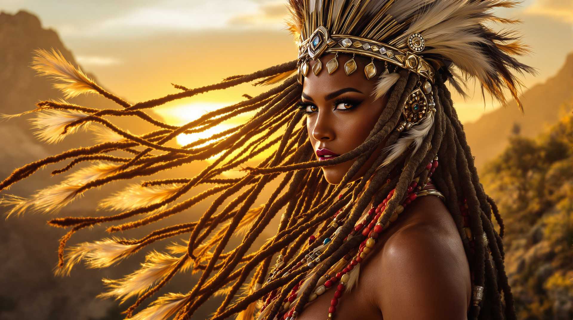 A captivating portrait of a fierce warrior queen, her long dreadlocks cascading down her back, adorned with intricate beads and feathers swaying with the wind. The setting sun casts a golden glow, highlighting the textures of her hair and the vivid colors of the adornments. Her piercing eyes reflect determination and prowess, framed against a backdrop of a rugged mountain landscape. The mood is one of power and readiness, evoking the spirit of a conqueror ready to face any challenge. The composition captures her in a three-quarter view, emphasizing her commanding presence, with a slight upward camera angle to enhance her dominant demeanor. This image should be rendered in a hyper-realistic style, with attention to fine details like the gleam of small metal accents in her crown, and the soft movement of her attire in the breeze.