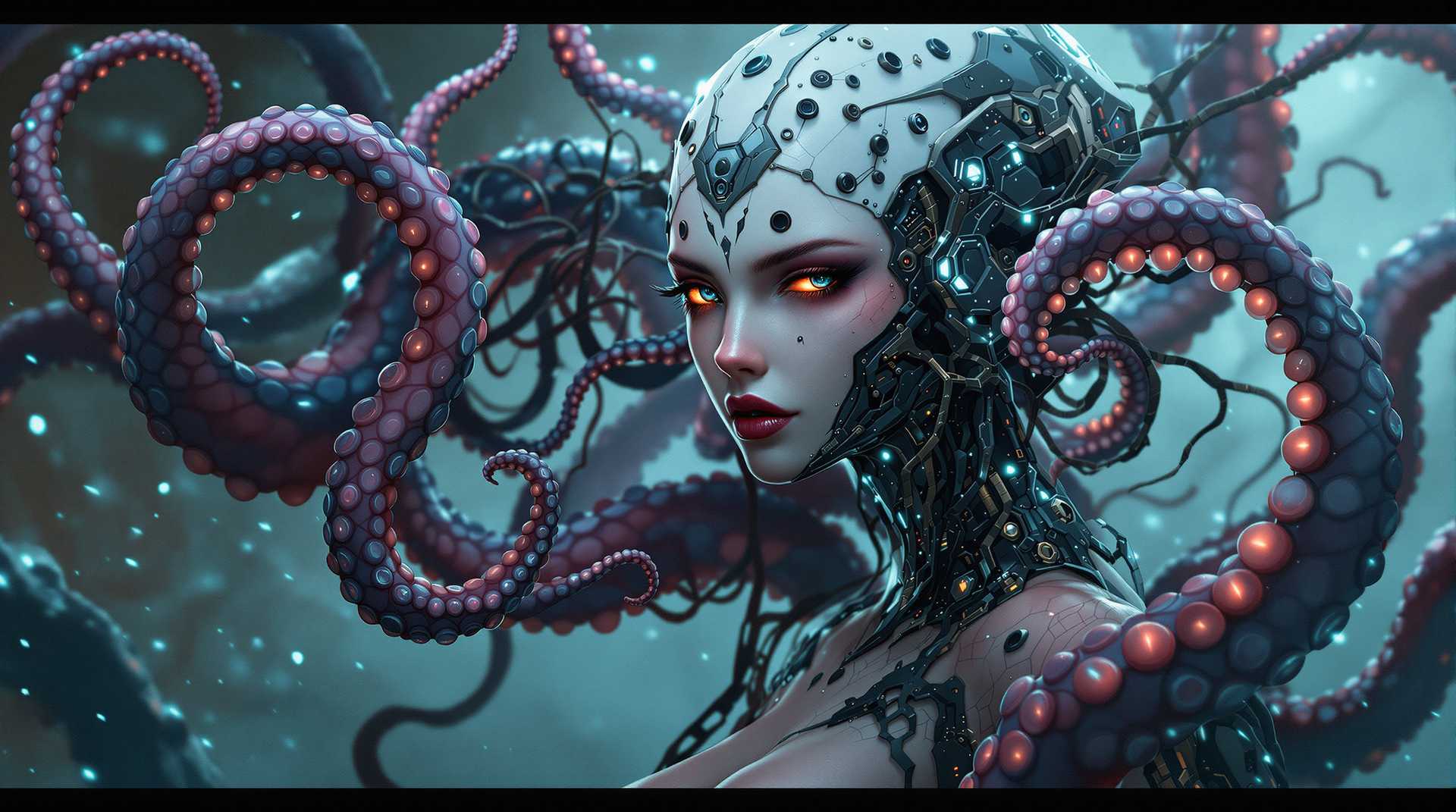 portait of a cyborg woman hybrid with octopus like tentacles.