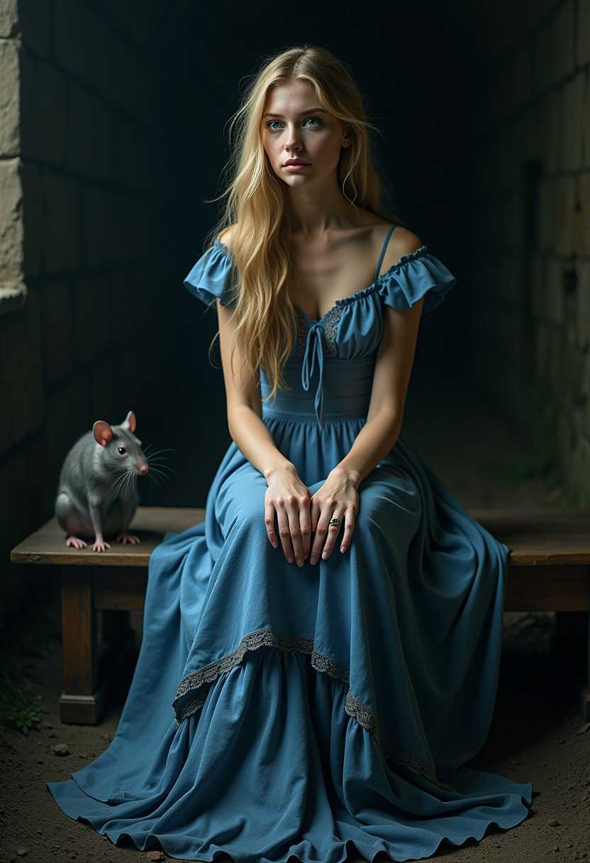 A hauntingly beautiful scene of a 20-year-old princess with long, wavy blonde hair cascading down her shoulders, her striking blue eyes filled with tears that glisten in the dim light. She is slender and fit, her delicate, 19th-century blue gown with intricate ruffles and lace now tattered and smeared with dirt, echoing the desolation of her surroundings. The dungeon is enveloped in deep shadows, the air damp and heavy, creating an eerie atmosphere. She sits forlornly on a wooden bench, a silent witness to her plight. Nearby, a worn bucket adds to the bleakness, as does the unnerving presence of a rat with ominously glowing red eyes, perched menacingly on the cold stone floor. The dim light casts long, dramatic shadows, enhancing the mood of despair and isolation within this forgotten cell.