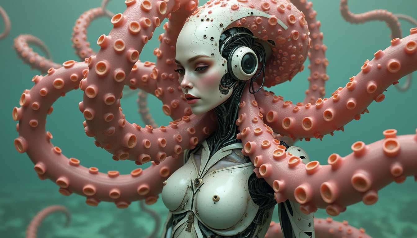portait of a cyborg woman hybrid with octopus like tentacles.