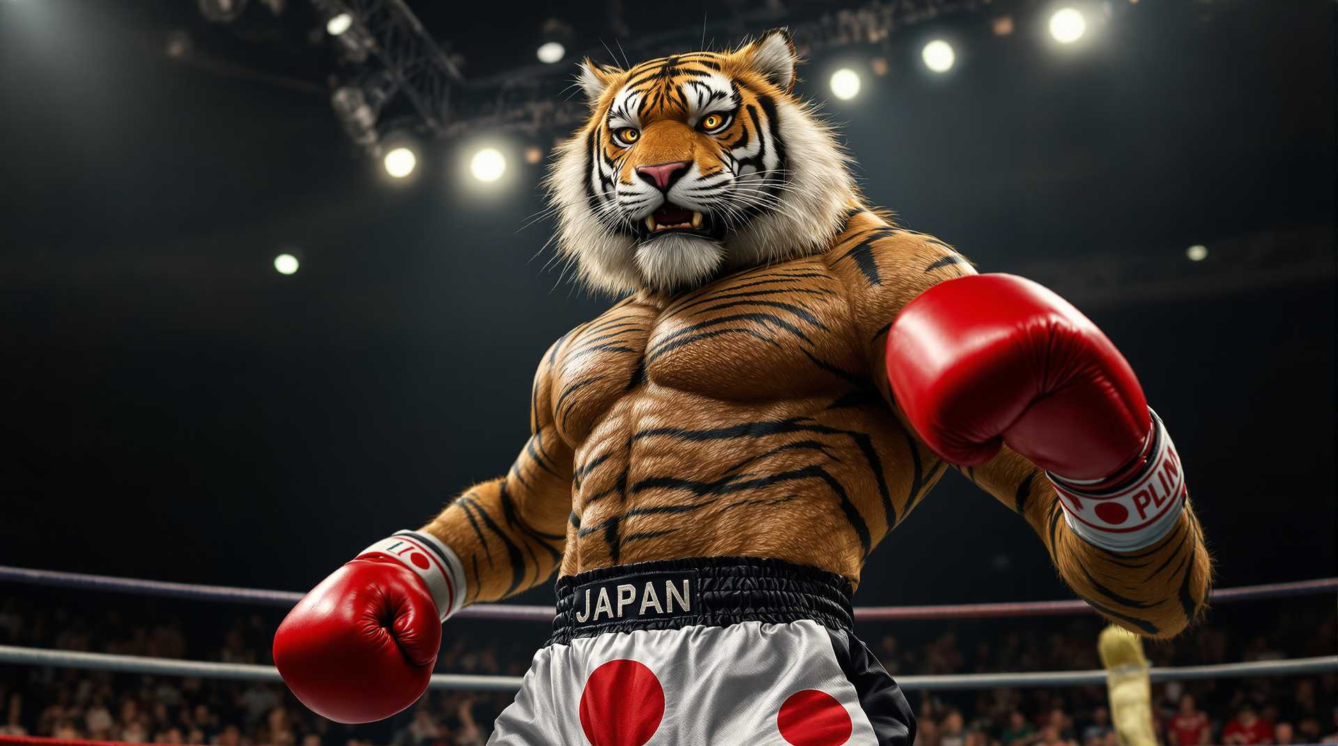 A cinematic, hyper-realistic image of an anthropomorphic tiger boxer in a ring, symbolizing Japan. The tiger has a powerful, muscular build and intense amber eyes, with fur meticulously detailed in orange and black stripes, showcasing individual hairs and subtle texture. It wears red boxing gloves with worn, creased leather and a pair of black-and-white boxing shorts with a Japanese flag emblem on one leg, featuring a faint, traditional Japanese wave pattern embossed on the fabric. Bright, pinpoint spotlights from above highlight the tiger’s defined muscles, casting dramatic shadows with sharp, defined edges. The audience is blurred but exudes excitement, adding depth to the scene. The tiger’s stance is proud and calm, evoking the discipline and strength of a samurai warrior.
