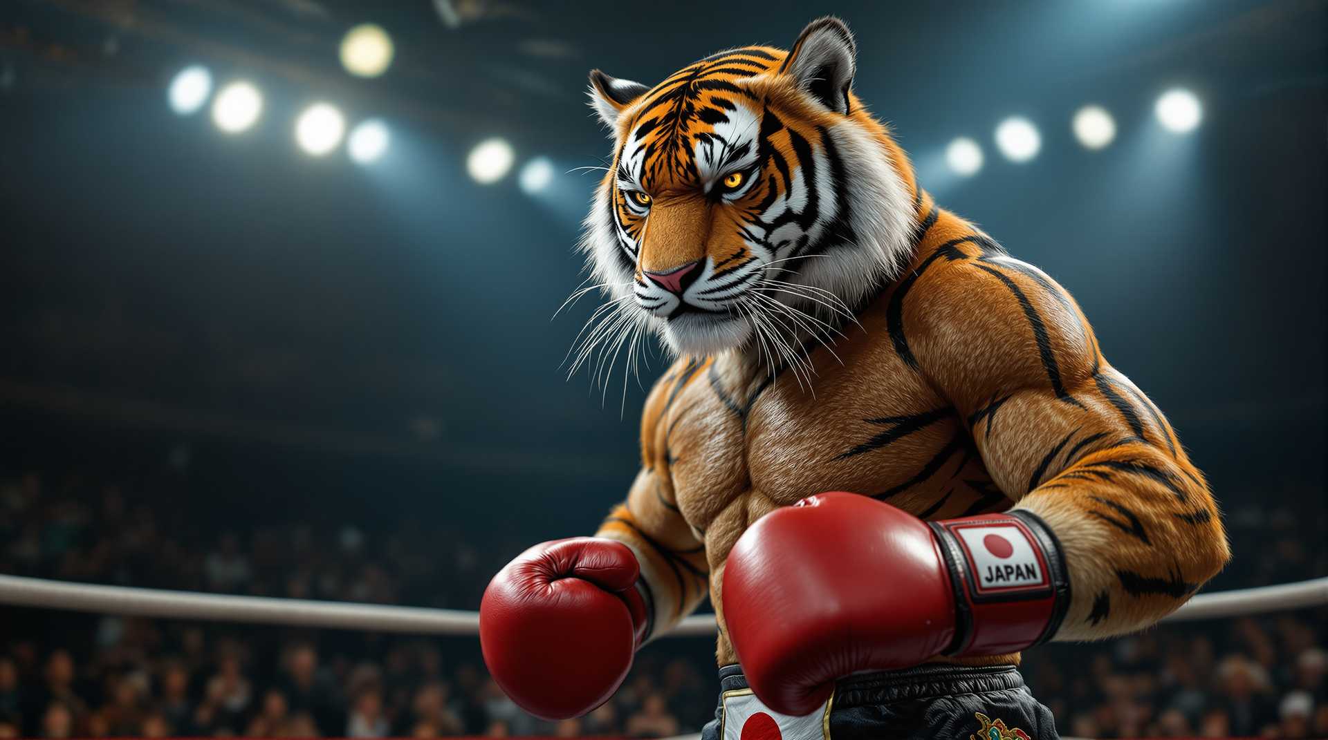 A cinematic, hyper-realistic image of an anthropomorphic tiger boxer in a ring, symbolizing Japan. The tiger has a powerful, muscular build and intense amber eyes, with fur meticulously detailed in orange and black stripes, showcasing individual hairs and subtle texture. It wears red boxing gloves with worn, creased leather and a pair of black-and-white boxing shorts with a Japanese flag emblem on one leg, featuring a faint, traditional Japanese wave pattern embossed on the fabric. Bright, pinpoint spotlights from above highlight the tiger’s defined muscles, casting dramatic shadows with sharp, defined edges. The audience is blurred but exudes excitement, adding depth to the scene. The tiger’s stance is proud and calm, evoking the discipline and strength of a samurai warrior.
