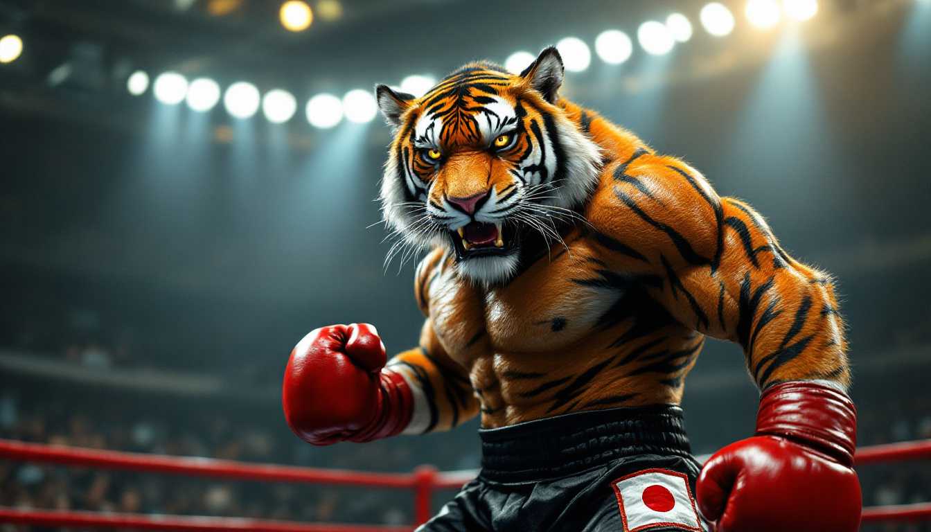 A cinematic, hyper-realistic image of an anthropomorphic tiger boxer in a ring, symbolizing Japan. The tiger has a powerful, muscular build and intense amber eyes, with fur meticulously detailed in orange and black stripes, showcasing individual hairs and subtle texture. It wears red boxing gloves with worn, creased leather and a pair of black-and-white boxing shorts with a Japanese flag emblem on one leg, featuring a faint, traditional Japanese wave pattern embossed on the fabric. Bright, pinpoint spotlights from above highlight the tiger’s defined muscles, casting dramatic shadows with sharp, defined edges. The audience is blurred but exudes excitement, adding depth to the scene. The tiger’s stance is proud and calm, evoking the discipline and strength of a samurai warrior.
