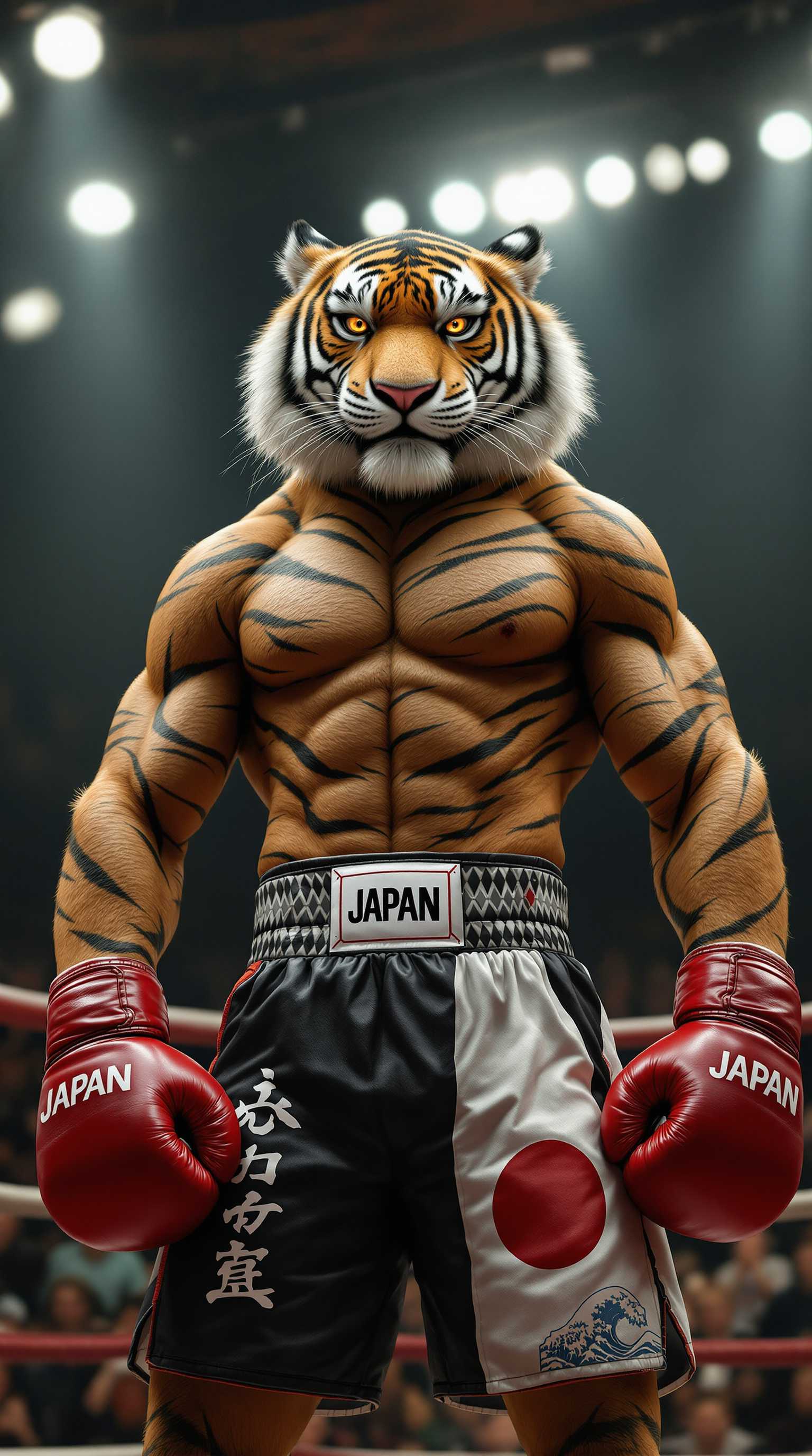 A cinematic, hyper-realistic image of an anthropomorphic tiger boxer in a ring, symbolizing Japan. The tiger has a powerful, muscular build and intense amber eyes, with fur meticulously detailed in orange and black stripes, showcasing individual hairs and subtle texture. It wears red boxing gloves with worn, creased leather and a pair of black-and-white boxing shorts with a Japanese flag emblem on one leg, featuring a faint, traditional Japanese wave pattern embossed on the fabric. Bright, pinpoint spotlights from above highlight the tiger’s defined muscles, casting dramatic shadows with sharp, defined edges. The audience is blurred but exudes excitement, adding depth to the scene. The tiger’s stance is proud and calm, evoking the discipline and strength of a samurai warrior.
