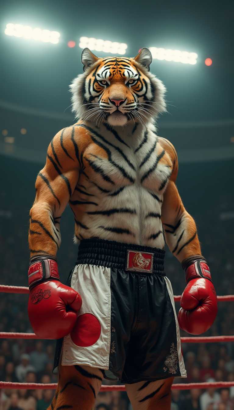 A cinematic, hyper-realistic image of an anthropomorphic tiger boxer in a ring, symbolizing Japan. The tiger has a powerful, muscular build and intense amber eyes, with fur meticulously detailed in orange and black stripes, showcasing individual hairs and subtle texture. It wears red boxing gloves with worn, creased leather and a pair of black-and-white boxing shorts with a Japanese flag emblem on one leg, featuring a faint, traditional Japanese wave pattern embossed on the fabric. Bright, pinpoint spotlights from above highlight the tiger’s defined muscles, casting dramatic shadows with sharp, defined edges. The audience is blurred but exudes excitement, adding depth to the scene. The tiger’s stance is proud and calm, evoking the discipline and strength of a samurai warrior.
