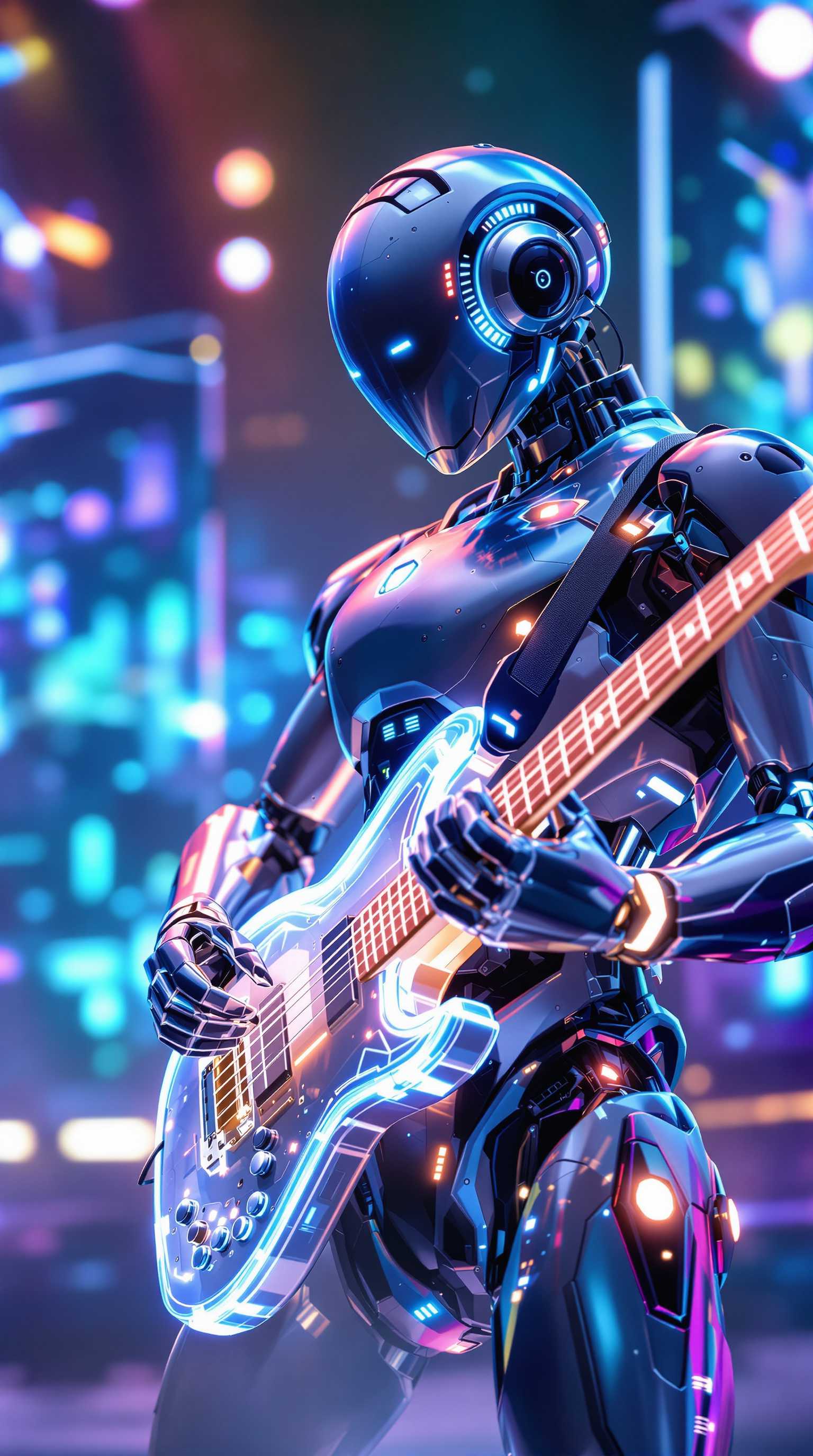 Robot Playing Guitar in Neon Cityscape