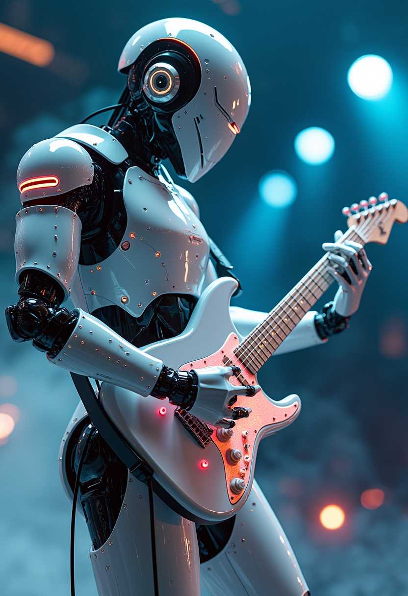 A futuristic robot playing guitar. The robot has a sleek metallic surface with embedded high-tech LED lights on its body. The guitar feature a futuristic design, incorporating translucent elements and glowing parts, unlike conventional electric guitars. The setting is a futuristic stage with holographic displays, ambient mist, and vibrant lights enhancing the scene. The image should be highly detailed and high resolution.”
