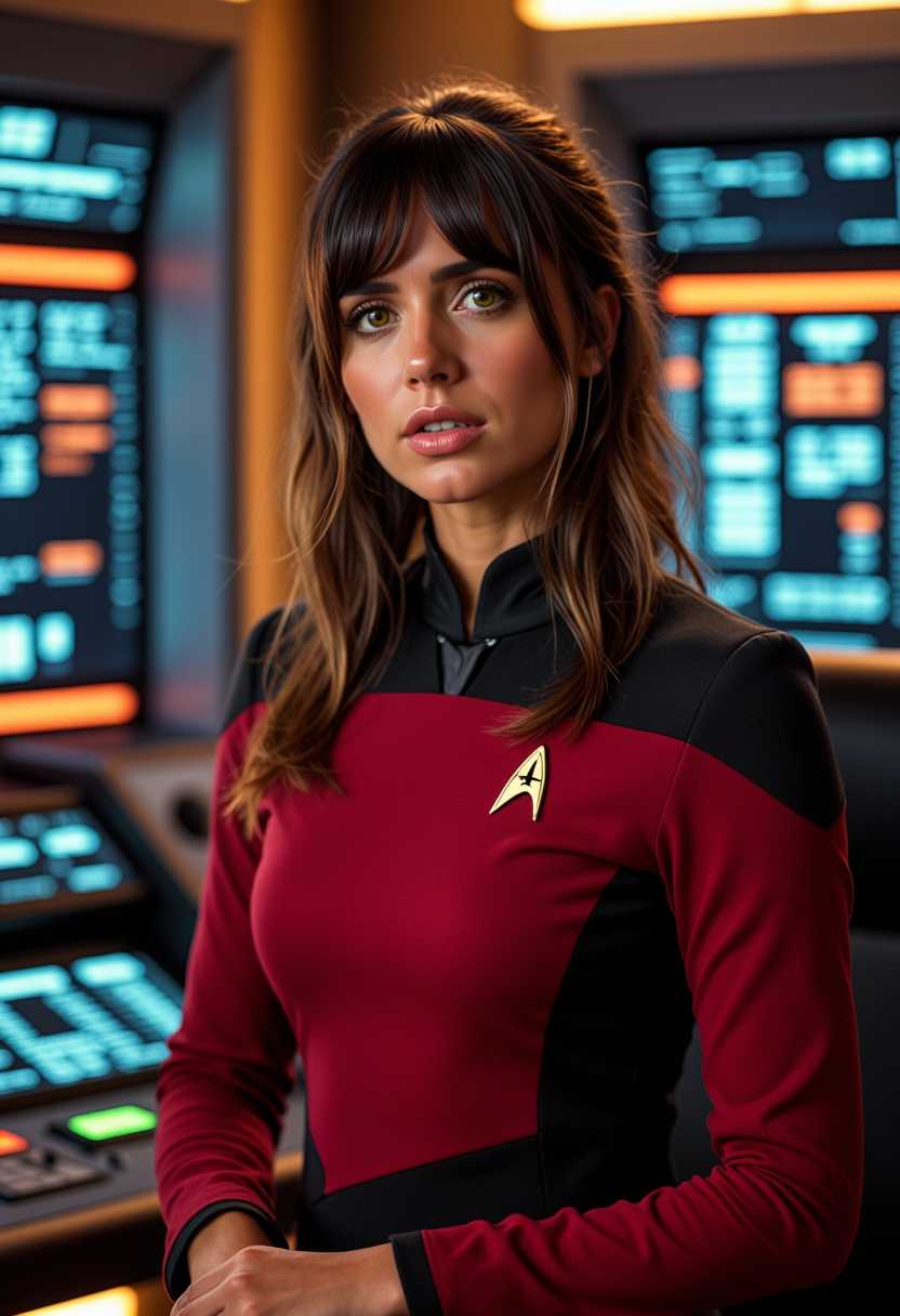 a photo of ANA$,in star trek uniform at a console.