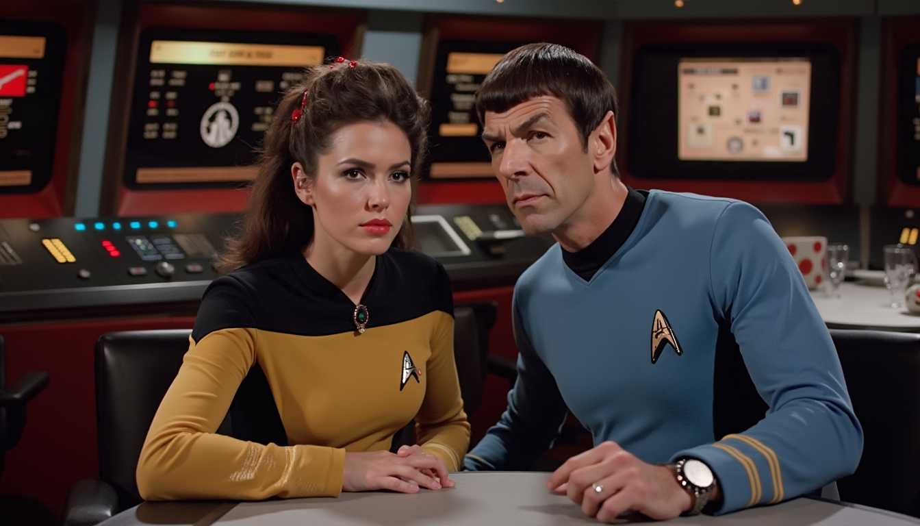 A high-resolution photograph capturing ANA$, an android with humanoid features, dressed in a classic Star Trek uniform, complete with the iconic Starfleet badge and subtle texture on the fabric, stationed at a futuristic console filled with glowing buttons and digital displays. Standing next to ANA$ is the legendary figure, Spock, depicted in his traditional Vulcan attire, with his distinctive pointed ears and calm, calculating expression. The scene is set on the starship's bridge, bathed in a soft, ambient light that casts gentle shadows, highlighting the intricate details of the equipment and uniforms. The composition places ANA$ in the foreground, slightly to the left, operating the control panel, while Spock stands to the right, gazing analytically at the displays. The atmosphere is one of tranquility mixed with an undercurrent of anticipation, a testament to an ordinary day of exploration among the stars, capturing the essence of science fiction adventure. The framing angles slightly downwards, emphasizing the depth and expanse of the console and bridge, inviting the viewer into this remarkable scene.