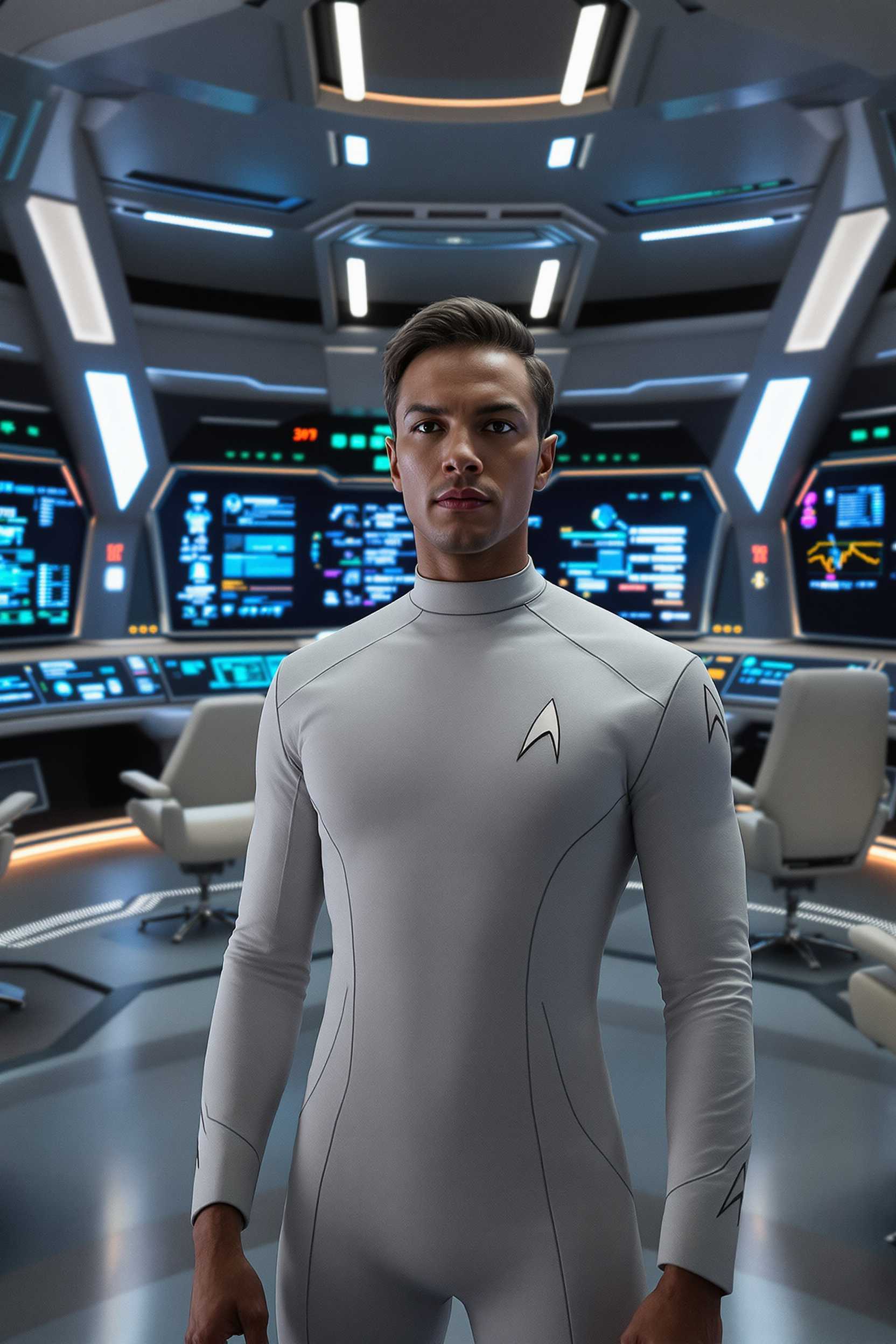 art, A futuristic scene featuring ANAS, dressed in a sleek, form-fitting Starfleet uniform, standing confidently on the bridge of the USS Enterprise. The bridge is a sophisticated hub of advanced technology and vibrant screens, displaying various interstellar data. Bright, efficient lighting illuminates the scene, highlighting ANAS's determined expression. The composition is centered, with ANAS as the focal point, surrounded by the iconic curved consoles and command chairs. The atmosphere is one of focused exploration and discovery, evoking the spirit of Star Trek with a modern touch. The scene is captured in a high-definition, cinematic style, emphasizing clarity and futuristic details.