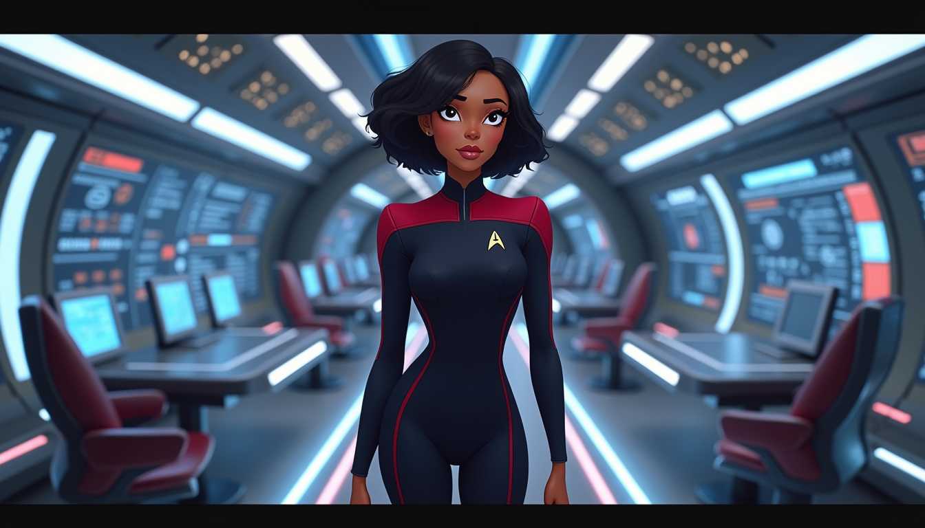 CNSTLL, disney style, a photo of ANA$, art, A futuristic scene featuring ANAS, dressed in a sleek, form-fitting Starfleet uniform, standing confidently on the bridge of the USS Enterprise. The bridge is a sophisticated hub of advanced technology and vibrant screens, displaying various interstellar data. Bright, efficient lighting illuminates the scene, highlighting ANAS's determined expression. The composition is centered, with ANAS as the focal point, surrounded by the iconic curved consoles and command chairs. The atmosphere is one of focused exploration and discovery, evoking the spirit of Star Trek with a modern touch. The scene is captured in a high-definition, cinematic style, emphasizing clarity and futuristic details.