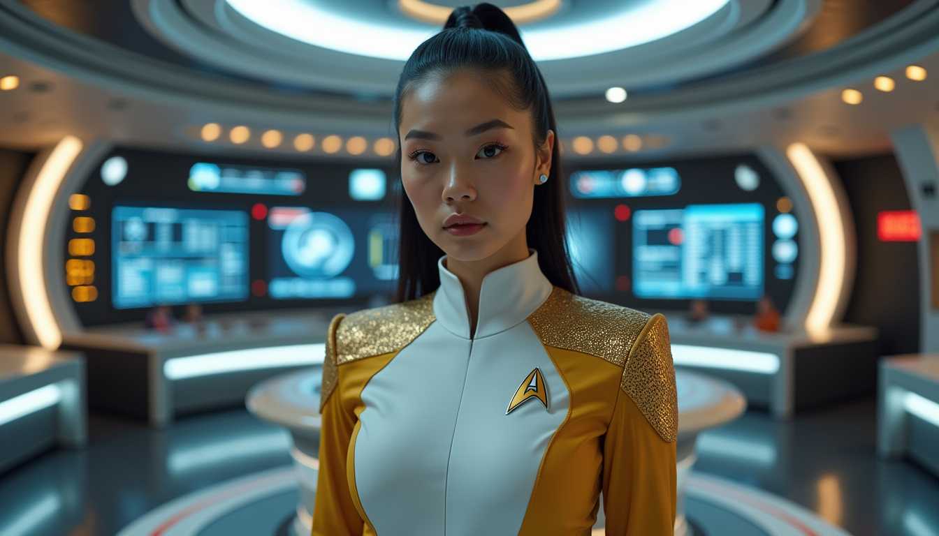 CNSTLL, scenery style, a photo of ANA$, art, A futuristic scene featuring ANAS, dressed in a sleek, form-fitting gold and white, Starfleet uniform, standing confidently on the bridge of the USS Enterprise. The bridge is a sophisticated hub of advanced technology and vibrant screens, displaying various interstellar data. Bright, efficient lighting illuminates the scene, highlighting ANAS's determined expression. The composition is centered, with ANAS as the focal point, surrounded by the iconic curved consoles and command chairs. The atmosphere is one of focused exploration and discovery, evoking the spirit of Star Trek with a modern touch. The scene is captured in a high-definition, cinematic style, emphasizing clarity and futuristic details.