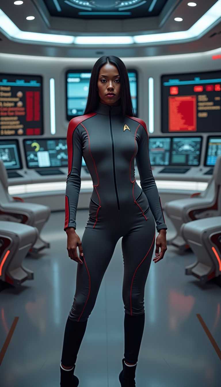 a photo of ANA$,  a photo of ANA$, art, A futuristic scene featuring ANAS, dressed in a sleek, form-fitting gray and red, Starfleet uniform, standing confidently on the bridge of the USS Enterprise. The bridge is a sophisticated hub of advanced technology and vibrant screens, displaying various interstellar data. Bright, efficient lighting illuminates the scene, highlighting ANAS's determined expression. The composition is centered, with ANAS as the focal point, surrounded by the iconic curved consoles and command chairs. The atmosphere is one of focused exploration and discovery, evoking the spirit of Star Trek with a modern touch. The scene is captured in a high-definition, cinematic style, emphasizing clarity and futuristic details., ANA$