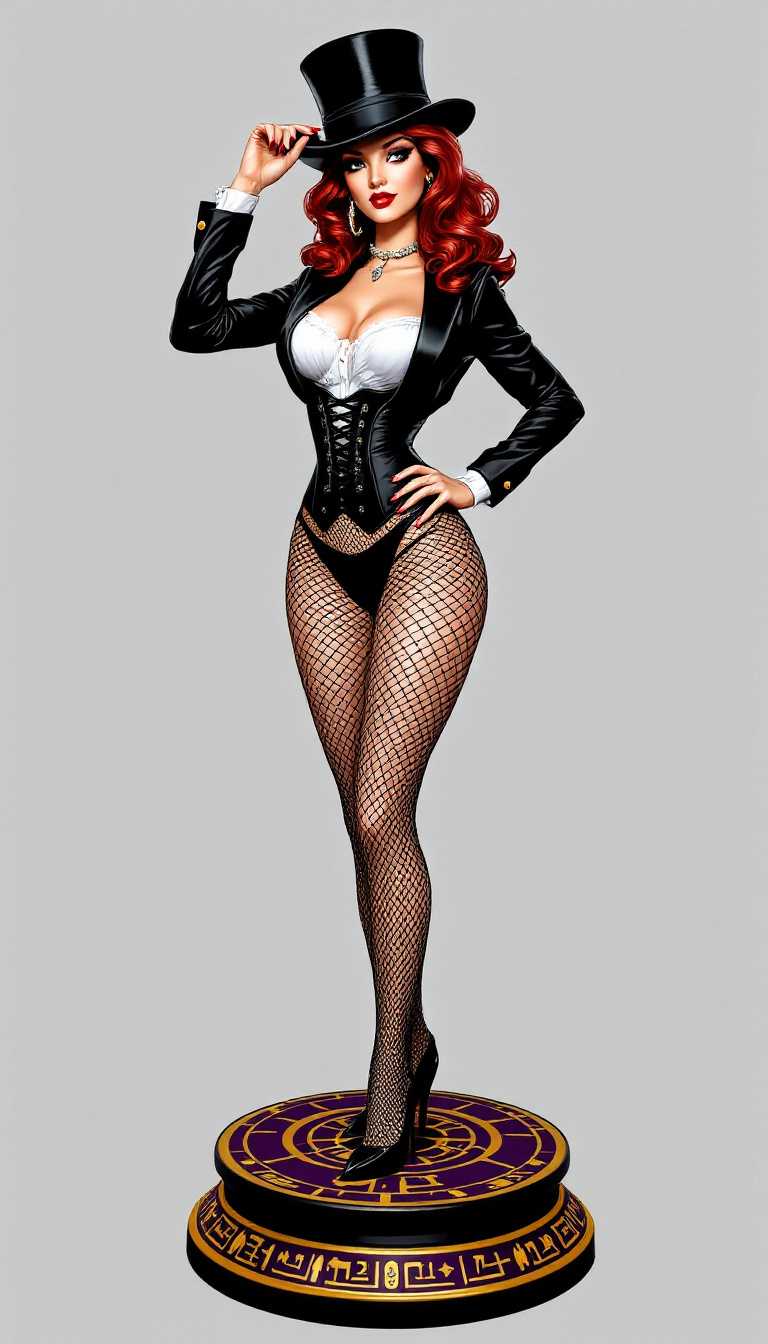 This image features a stylized representation of a female figure, standing confidently with one hand on her hip and the other tipping her top hat. The figure is dressed in a black tuxedo jacket, white shirt with a high collar, and a black corsetstyle bodice. She wears fishnet stockings and black high heels, and her hair is styled in loose waves. The figure is posed on a circular base with a purple and gold design, which includes what appears to be Egyptian hieroglyphs or similar motifs.The art style of the figure is reminiscent of pinup art, which is characterized by its bold lines, exaggerated curves, and stylized representation of the human form. The medium of the image is not specified, but the figures high level of detail suggests it could be a sculpture or a highly detailed painting.The colors in the image are rich and vibrant, with deep reds, blacks, and golds creating a dramatic and elegant atmosphere. The figures skin is a realistic flesh tone, and the textures of her clothing and stockings are rendered with a high degree of realism. The base of the figure contrasts with the rich colors of the figure, with its purple and gold design providing a regal and somewhat mysterious backdrop.In the foreground of the image,  a pop of color to the otherwise dark background. Overall, the image exudes a sense of glamour, confidence, and allure, with the figures pose and attire suggesting a persona of sophistication and elegance.