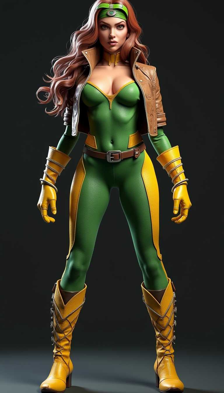 This image is a 3D rendered digital artwork, showcasing ROGUE, in a superhero costume. The art style is realistic with a touch of fantasy, as evidenced by the exaggerated curves of the characters body and the detailed textures of the costume. The medium appears to be a computergenerated 3D model, utilizing lighting and shading to create a lifelike appearance.The character is wearing a costume that is primarily green with yellow accents. The suit has a textured pattern that gives the impression of a synthetic material, with a slight sheen that reflects light. The costume is fitted, with a formfitting bodice that contours closely to the characters body, ending in a pair of highwaisted pants that flare slightly at the bottom. The pants are also adorned with the same textured pattern as the bodice.The character is accessorized with a brown leather jacket, which has a distressed look, giving it an aged and rugged appearance. The jacket is buttoned up and falls just above the waistline of the costume. A belt with a metallic buckle cinches the waist, matching the metallic accents on the gloves and boots.The characters hair is long and wavy, with a gradient of colors that start with auburn at the roots, transitioning to a rich chestnut brown, and ending in silver at the tips. The hair flows freely down the characters back, and a green headband is wrapped around the hair, just above the forehead.The characters gloves are yellow, matching the costume, and have a similar textured pattern. They are worn over the hands, with the fingers slightly curled. The boots are also yellow, with a textured pattern that matches the costume, and are worn over the feet. The boots have a hightop design, with a brown leather trim that matches the jacket.The background of the image is a solid black, which serves to highlight the character and their costume. There are no other objects or characters in the image, focusing the viewers attention solely on the character and their attire.Overall, the image is a striking representation of a superhero character, with attention to detail in the costume design, textures, and lighting, creating a visually appealing and dynamic piece of art.