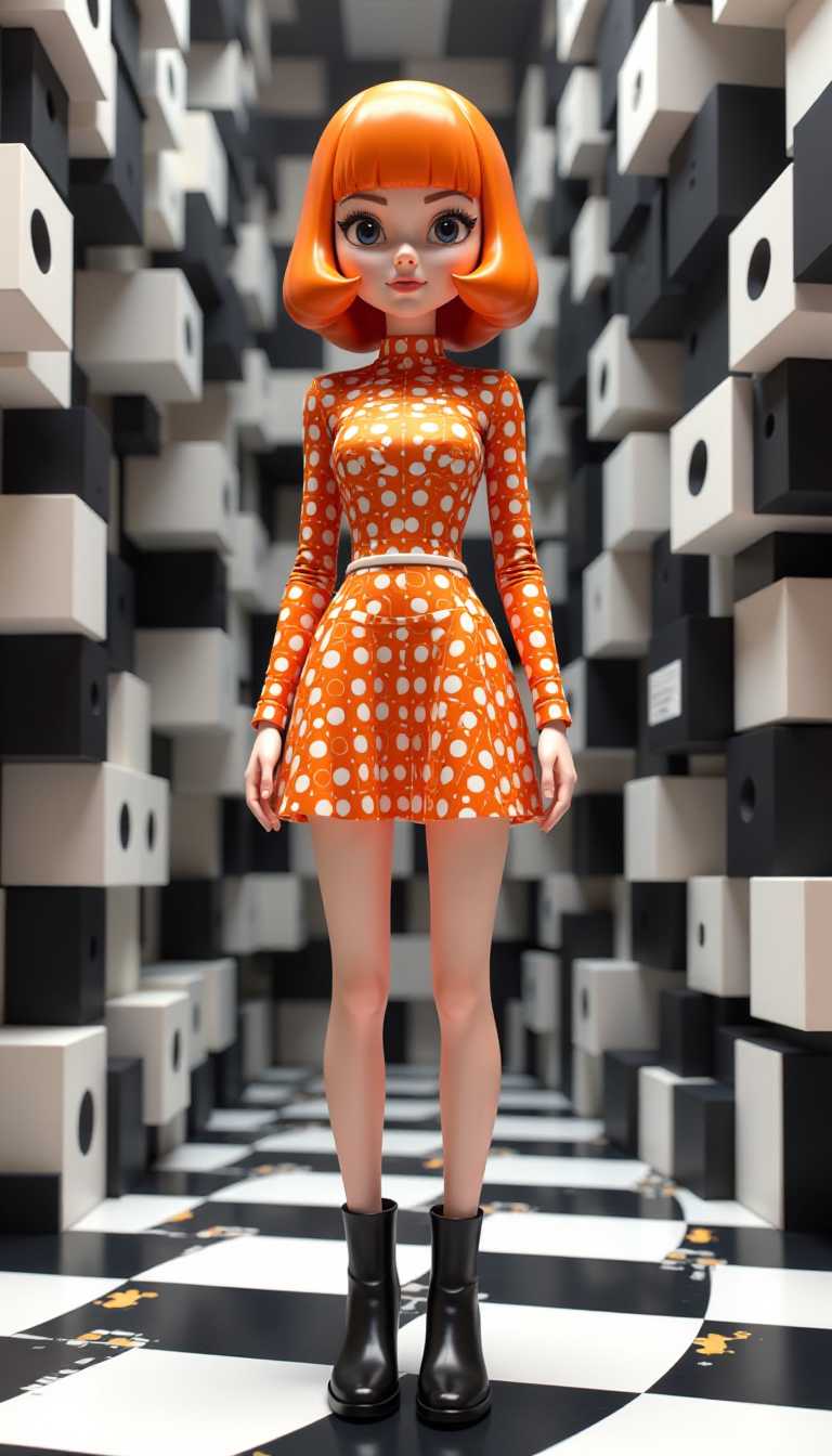 This image is a striking example of surrealism, a style that blurs the lines between reality and fantasy. The medium appears to be a digital creation, given the precision and the seamless integration of the elements. The colors are bold and contrasting, with a black and white checkered floor and a multitude of cubes in the background that are a mix of black and white with a polka dot pattern.The subject of the image is a 3d cartoon person dressed in an eyecatching orange and white dress with a geometric pattern that matches the polka dot cubes. The dress has a fitted bodice with long sleeves and a flared skirt that ends just above the knee. The person is wearing black highheeled ankle boots that have a glossy finish, which complements the dresss color scheme.The persons hair is a vibrant orange, styled in a short, straight bob cut that frames the face. The hair stands out against the monochromatic background, drawing the viewers attention to the subject.The cubes in the background are arranged in a seemingly random yet balanced pattern, creating a threedimensional illusion. Some cubes are tilted, giving the impression that the space is in flux and the viewer is looking at a distorted reality. The floor is a black and white checkered pattern that contrasts with the cubes, reinforcing the surrealistic feel of the image.