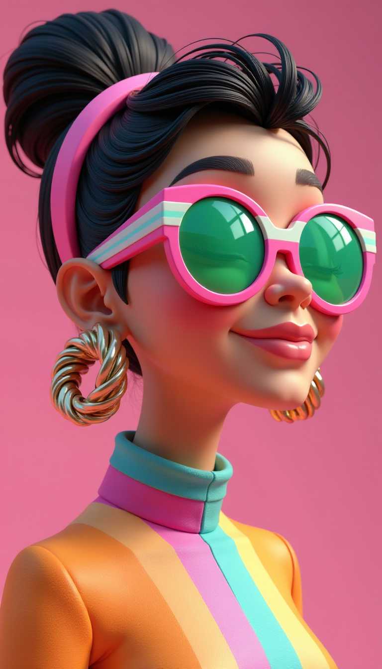 This image is a closeup portrait of a 3d cartoon person with a highly stylized and colorful aesthetic. The subject is wearing a vibrant, rainbowcolored striped garment that exudes a playful and energetic vibe. The stripes are wide and evenly spaced, with a spectrum of colors that include pink, blue, yellow, green, orange, and purple.The subject is also wearing a bold, oversized pair of sunglasses with a similarly colorful frame, which complements the striped garment. The sunglasses have a thick, white border with rainbowcolored stripes that match the garment. The lenses are green, and there are reflections visible on the glasses, suggesting a light source coming from above.The subjects hair is styled in a voluminous, teased updo, with strands of hair carefully arranged to create a textured look. A pink headband is wrapped around the base of the hairstyle, adding a pop of color that ties the overall look together.The subject is also wearing a unique, sculptural earring that resembles a twisted rope or a cluster of intertwined elements. The earring is metallic, likely gold or silver, and has a threedimensional quality that stands out against the subjects skin.The art style of the image is highly stylized and contemporary, with a focus on bold colors and playful patterns. The medium appears to be a highresolution photograph, given the clarity and detail in the image. The lighting is soft and diffused, casting a gentle glow on the subjects features and highlighting the textures and colors of the clothing and accessories.