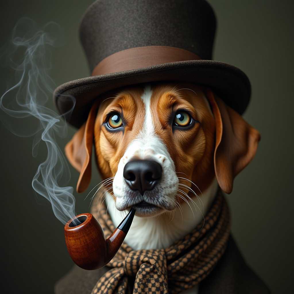 dog with human green eyes smoking a pipe and wearing hat with a scarf and looking like a sophisticated gentleman