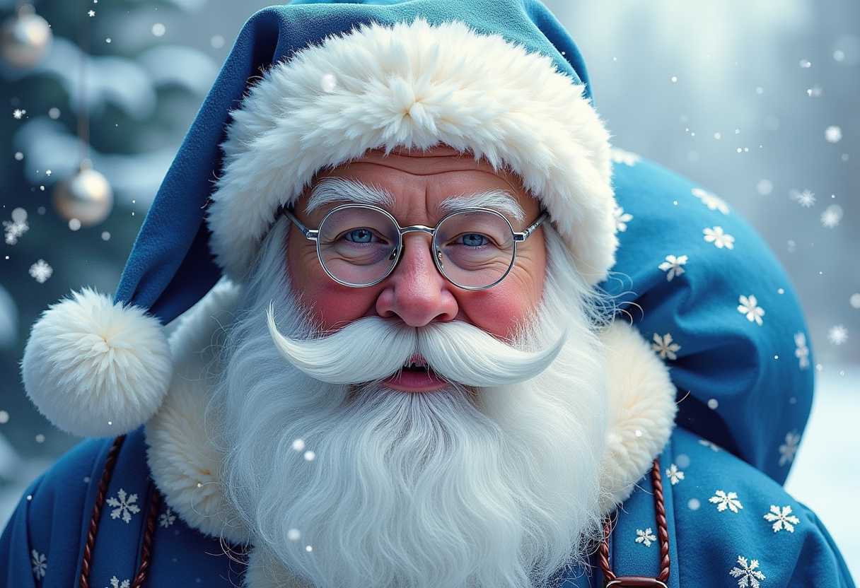 sharp focus, ultra detailed, whimsical close up of Santa Claus, silver grey eyes, silver bifocals lower on his nose, dressed in silver and blue Santa Claus outfit, blue nap sack on his back, blue and silver Christmas decorations around him, glistening silver snowflakes,Looking at the viewer. ACRYLIC-oil mix, hyper realistic, foggy misty hues of light blues and silver background, airbrushed, sharp subtle shading shadows
