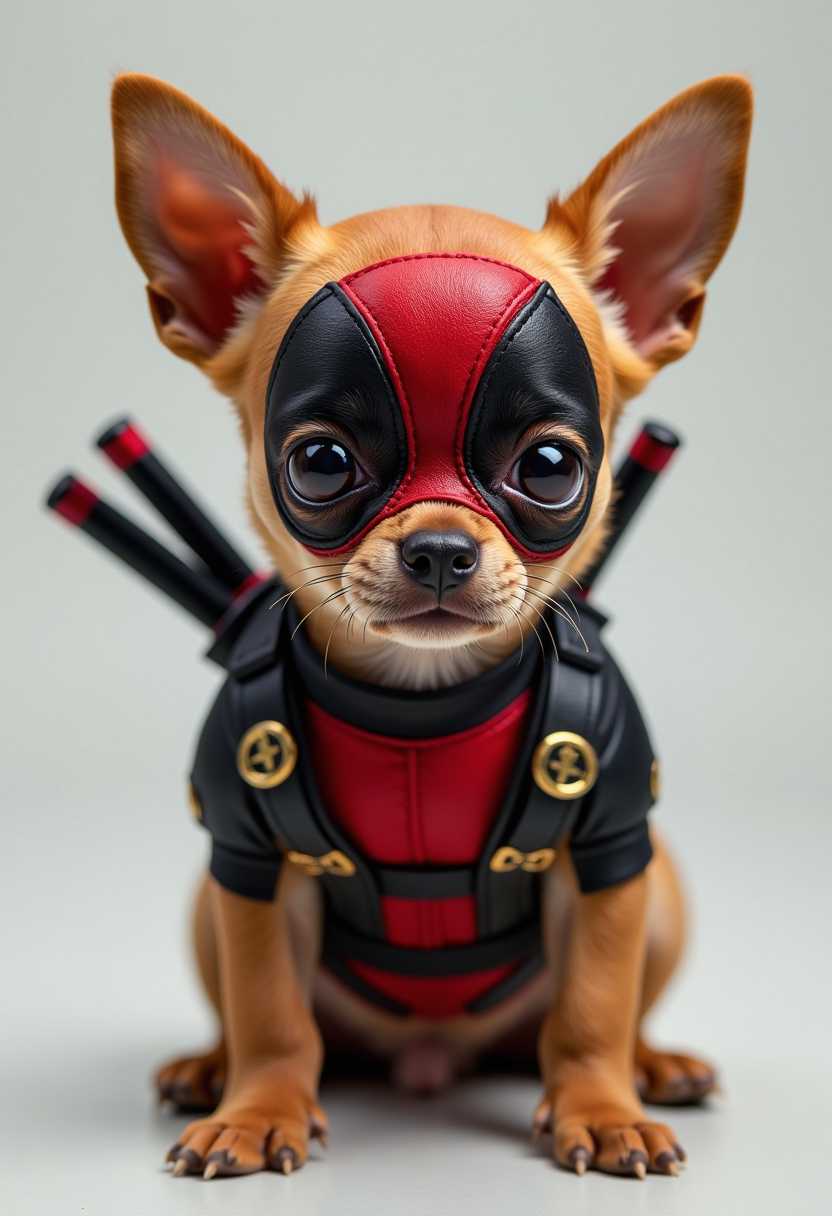 A small, muscular Chihuahua with short, sleek fur, its face masked in red and black patterns resembling Deadpool’s iconic suit. Its mischievous, alert eyes sparkle with humor, and it wears a tiny harness with miniature toy katanas crossed on its back, radiating chaotic energy and charm.

