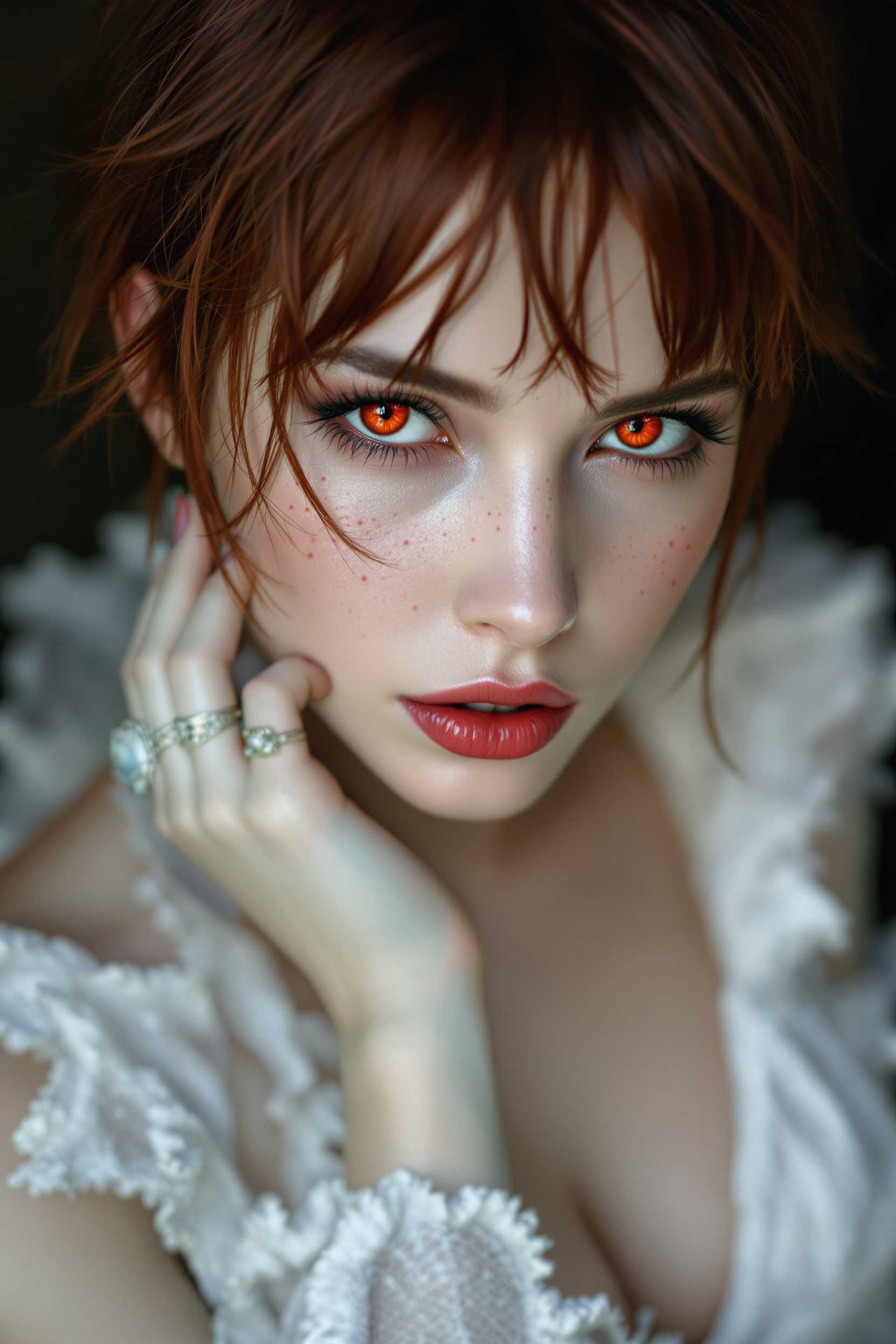 A captivating portrait of a succubus with striking red eyes, short hair, and delicate freckles adorning her face. She gazes directly at the viewer with an enchanting and mysterious expression. Her alluring attire, a blend of sultry elegance and understated sophistication, features a white color palette that contrasts dynamically with her otherworldly allure. The composition captures a close-up view, focusing on her captivating face and upper torso, with an intimate and slightly elevated camera angle for added depth. The lighting is soft and ethereal, casting gentle shadows that highlight her facial features and the texture of her attire. The mood is seductive with a hint of danger, set against a blurred background to ensure full attention remains on her mesmerizing gaze and intricate details of her appearance. Utilize fine art portrait techniques to enhance the realism and allure of the scene, with an emphasis on digital painting as the artistic style.