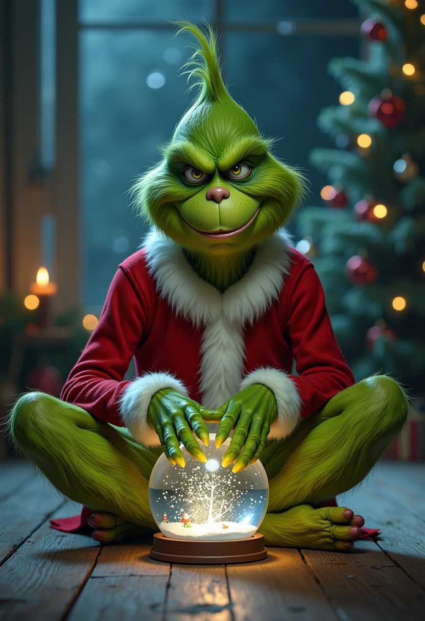  hyper realistic grinch sitting on the floor with an empty glass snow globe between his hands,  magical xmas scene behind him