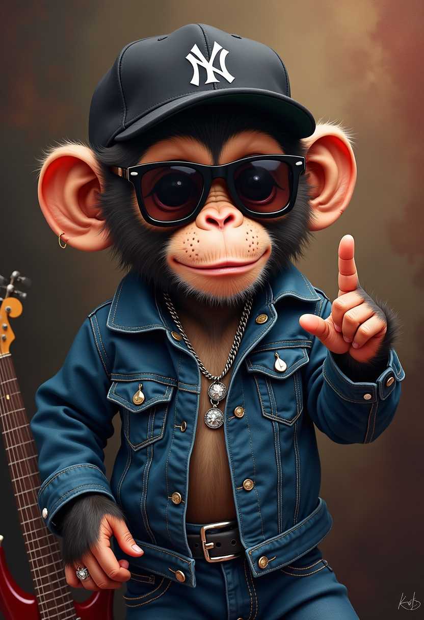 oil painting of a cute adorable baby monkey in dark colored denim hip hop attire. Wearing a black cap, dark colored sunglasses, black and silver jewelry. He's making a rock and roll hand gesture. He's surrounded by band instruments. Background is a faded club scene.