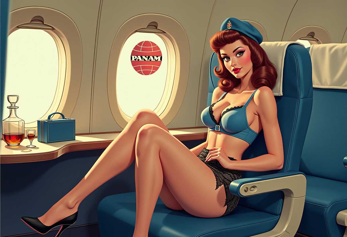 This image is a stylized representation of a vintage pinup girl, set against the backdrop of an airplane cabin interior. The art style is reminiscent of the 1940s to 1950s pinup era, characterized by its bold, graphic lines and the exaggerated poses of the subject. The medium appears to be a digital creation, given the sharpness and clarity of the image.The colors are primarily a nostalgic palette of muted blues, creams, and soft pinks, with accents of black and gold. The blue of the cabin seats and the pinup girls attire creates a cool contrast with the warm tones of her skin and the surrounding creams and pinks.The objects in the image include1. The pinup girl is seated in an airplane cabin seat, which has a classic design with a blue upholstery and a white headrest cover. The seat is equipped with a seatbelt, and theres a small, beigecolored armrest box in front of her.2. The girl is wearing a pilots cap, which is a nod to the aviation theme of the setting. Her outfit consists of a blue and white bra and matching shorts, with a black lace garter belt and stockings. She is also wearing black highheeled shoes.3. There is a blue handbag placed on the floor to the left of the seat, which adds to the vintage travel theme.4. On the right side of the seat, theres a small round table with a glass decanter and a glass of amber liquid, possibly whiskey, suggesting a leisurely atmosphere.5. On the wall behind the girl, theres a Pan Am logo, which is a reference to the Pan American Airways, a historical airline known for its luxury and vintage branding.6. The cabins windows are visible on the left side of the image, with the curtains drawn, and the light from outside is casting a warm glow on the scene.Overall, the image evokes a sense of nostalgia and glamour, reminiscent of the golden age of air travel.
