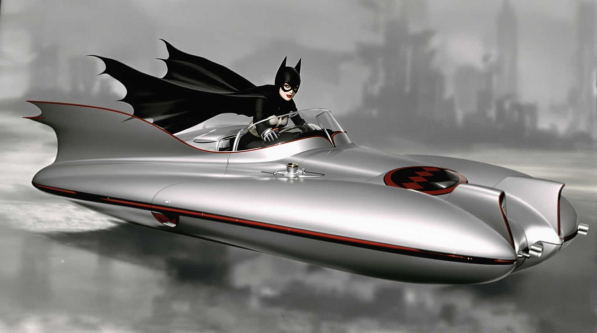 1950's Batgirl rides her 1950;s style,silver Bat hover car.