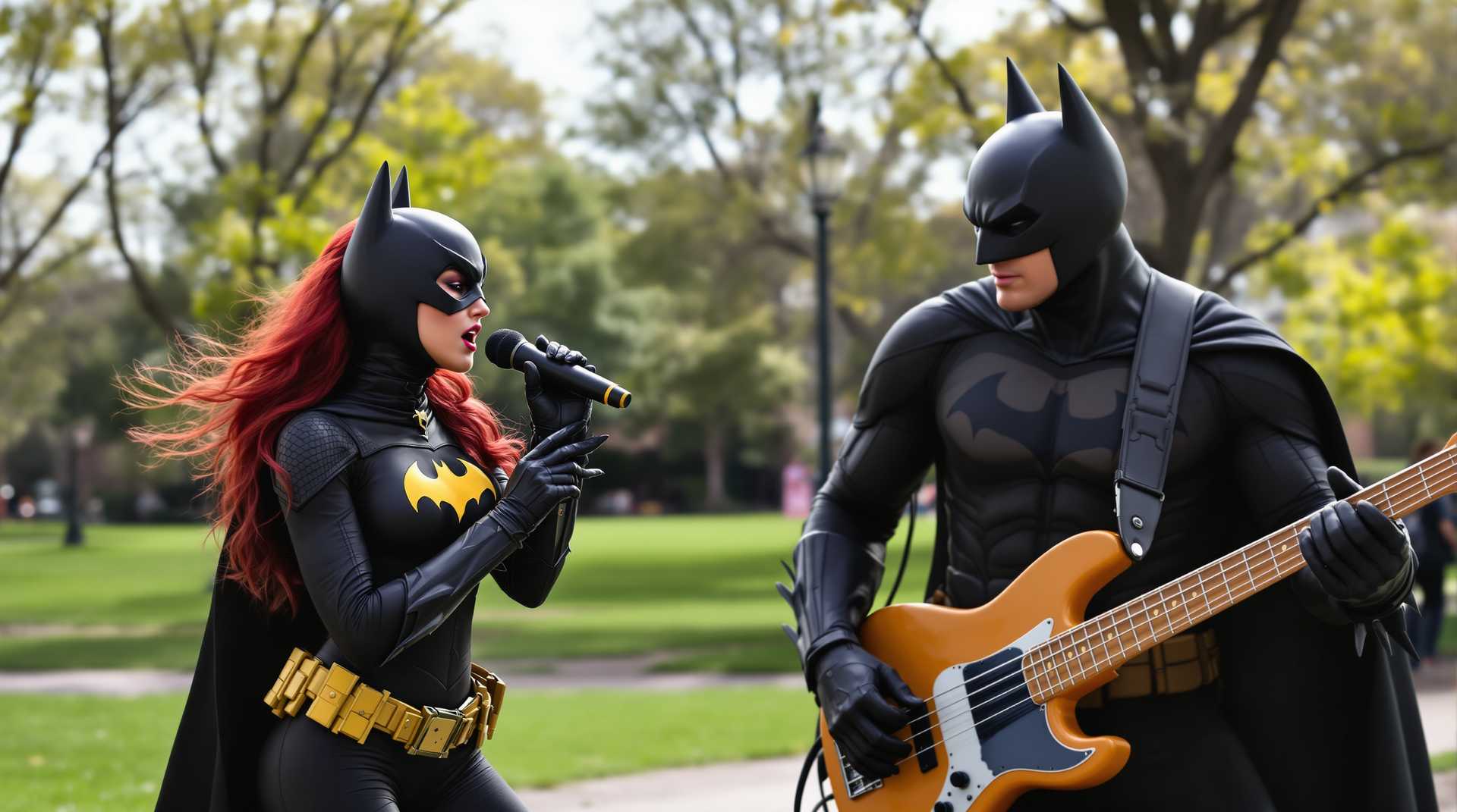 batgirl holds a mic and sings,and batman plays a bass guitar in a park.